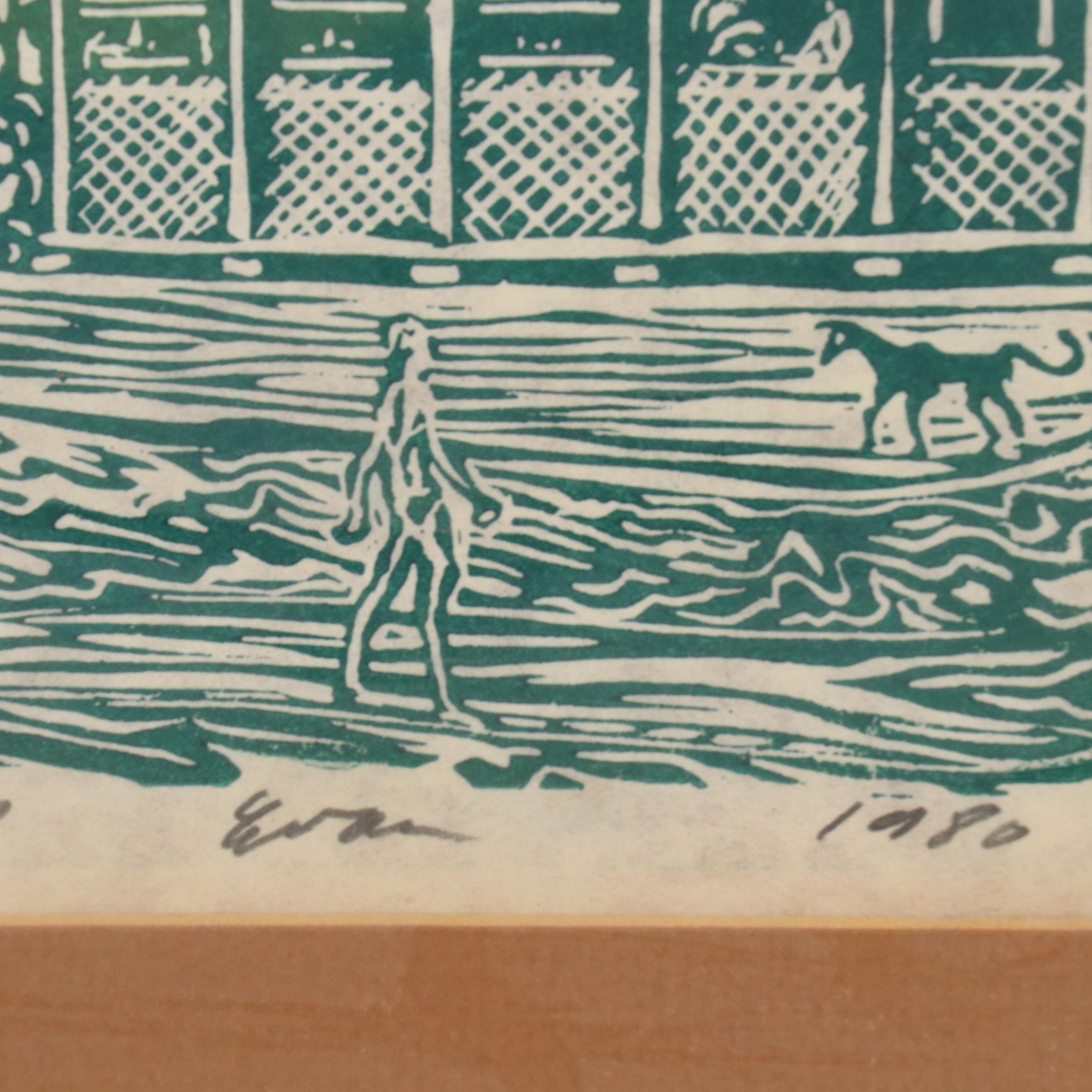 Hawaiian Landscape Linocut "Pioneer Inn Lahaina," 1980