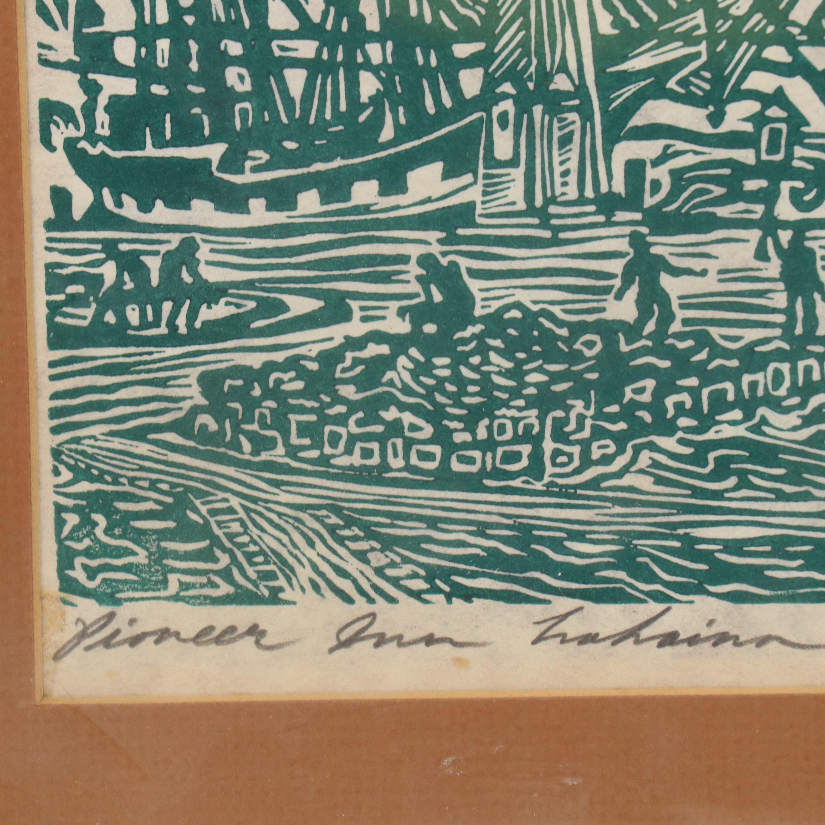 Hawaiian Landscape Linocut "Pioneer Inn Lahaina," 1980
