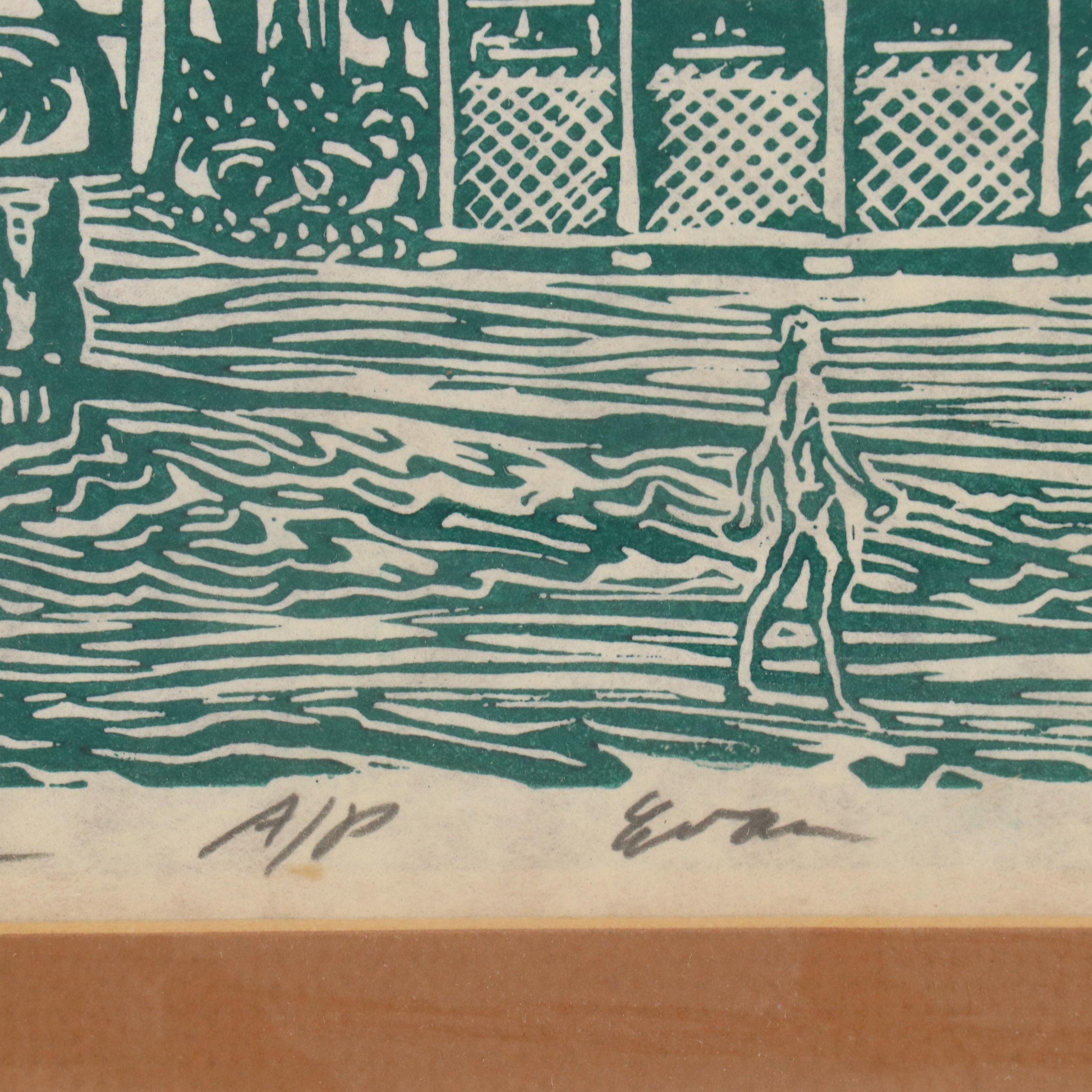 Hawaiian Landscape Linocut "Pioneer Inn Lahaina," 1980