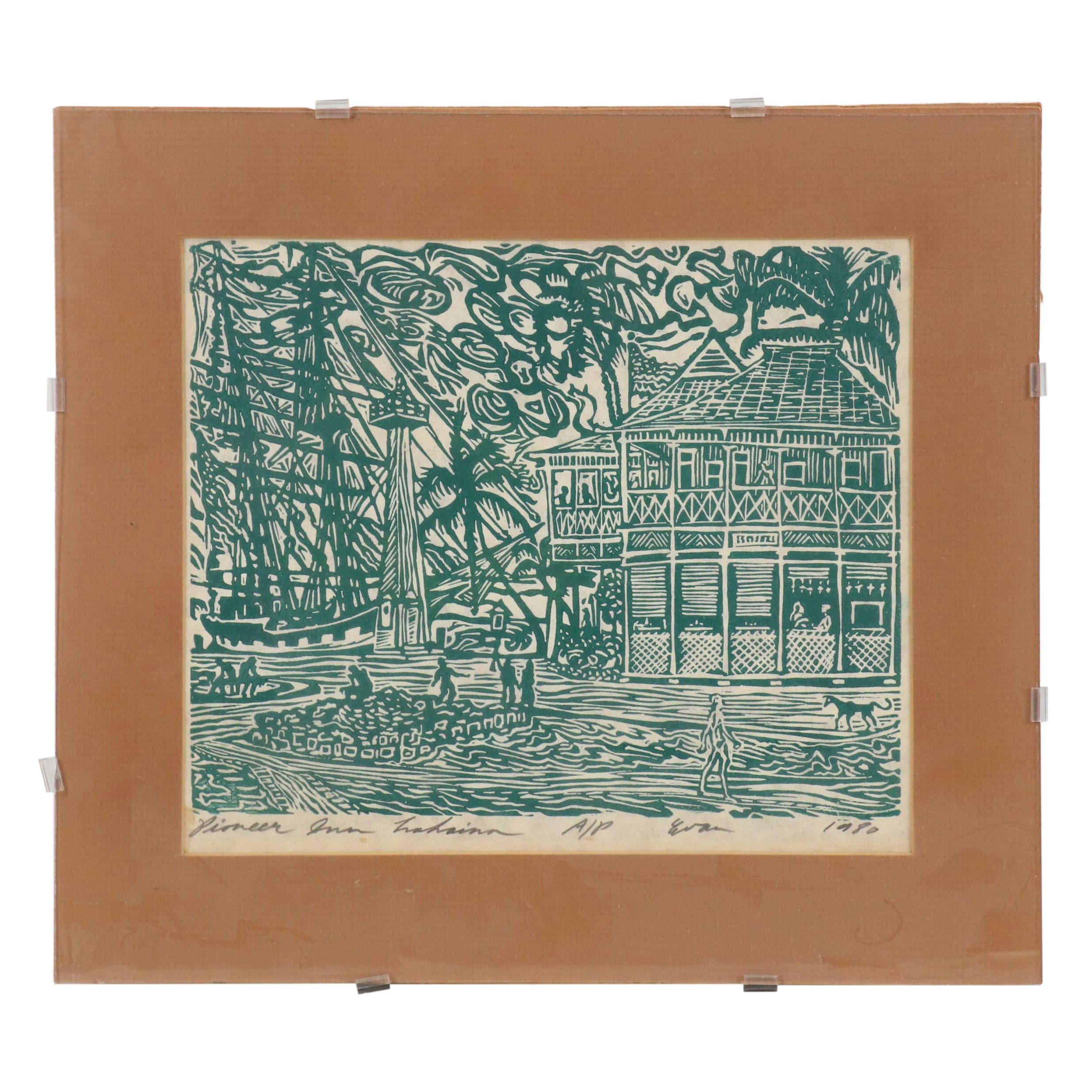 Hawaiian Landscape Linocut "Pioneer Inn Lahaina," 1980