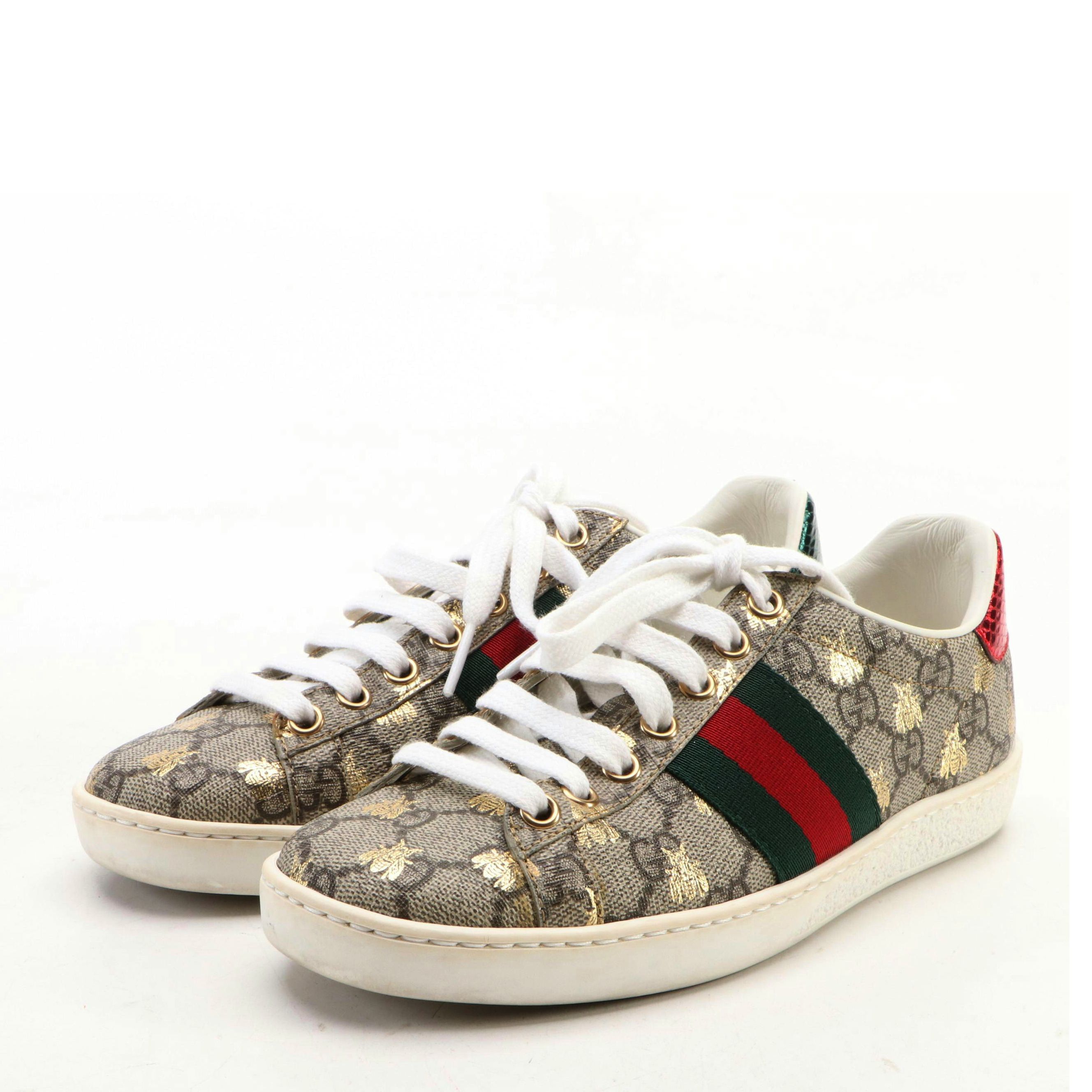 Gucci Ace Web Stripe Sneakers in Bee Logo GG Supreme Canvas