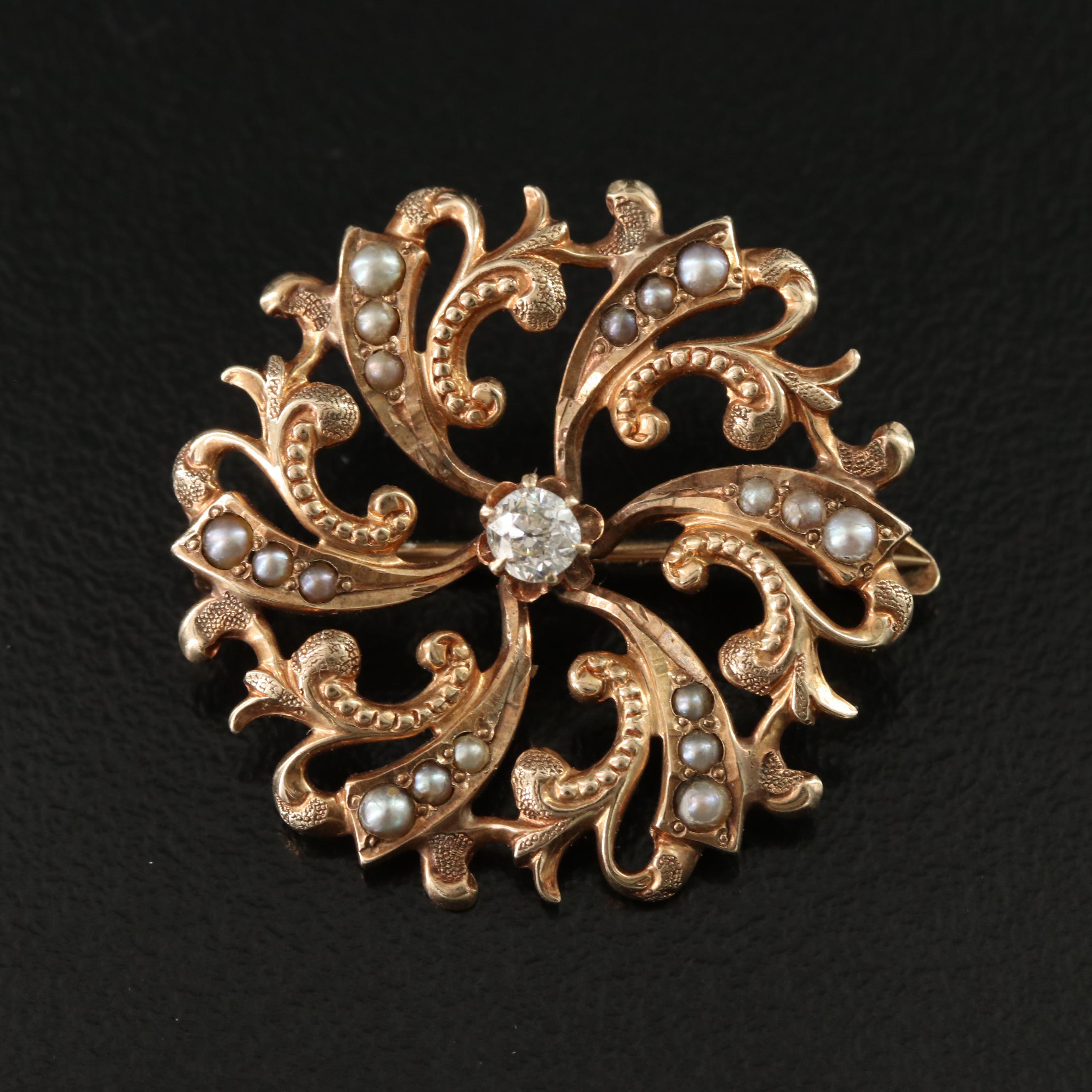 Victorian 10K Diamond and Pearl Pinwheel Brooch