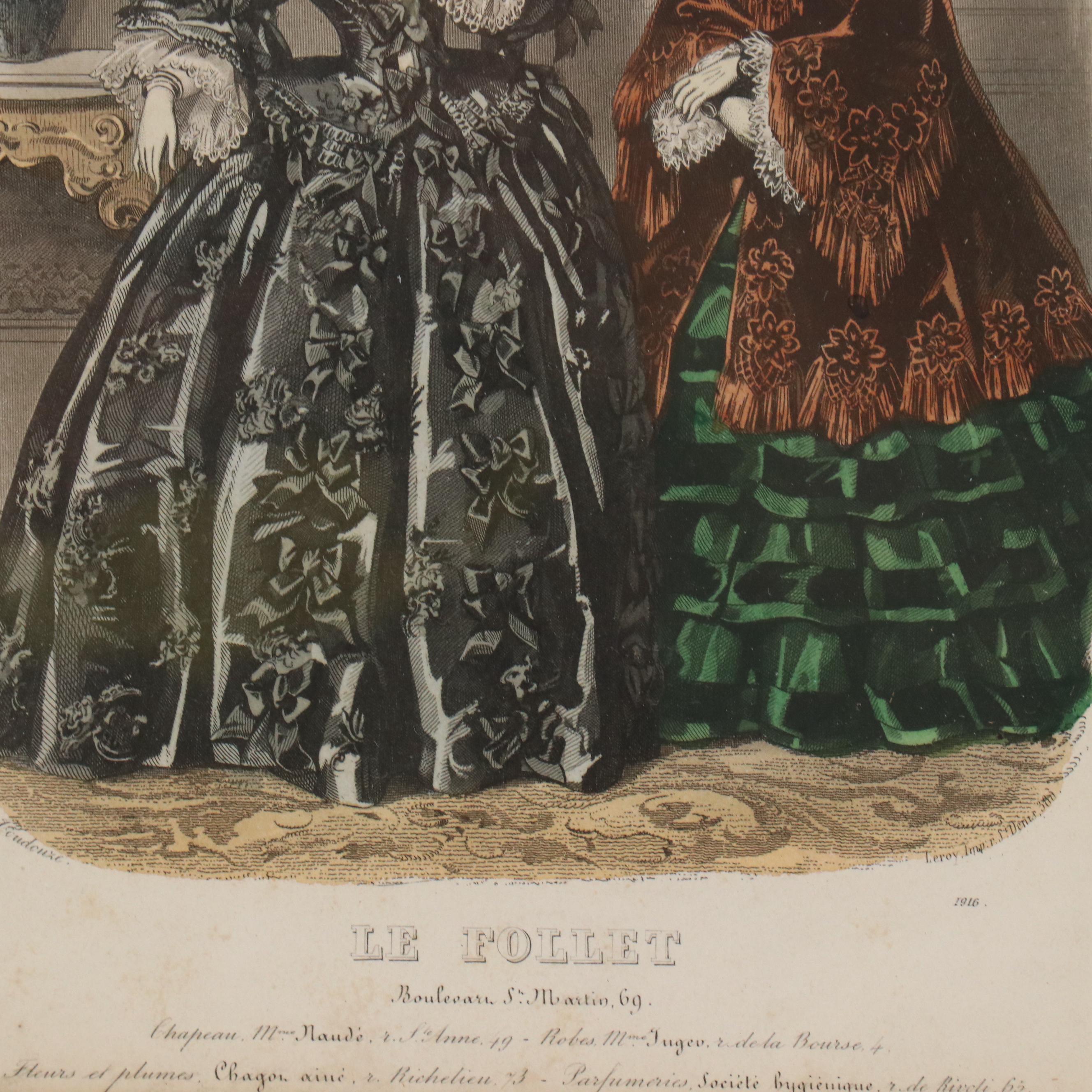 Adele-Anaïs Colin Toudouze Hand-Colored Engraving for "Le Follet"
