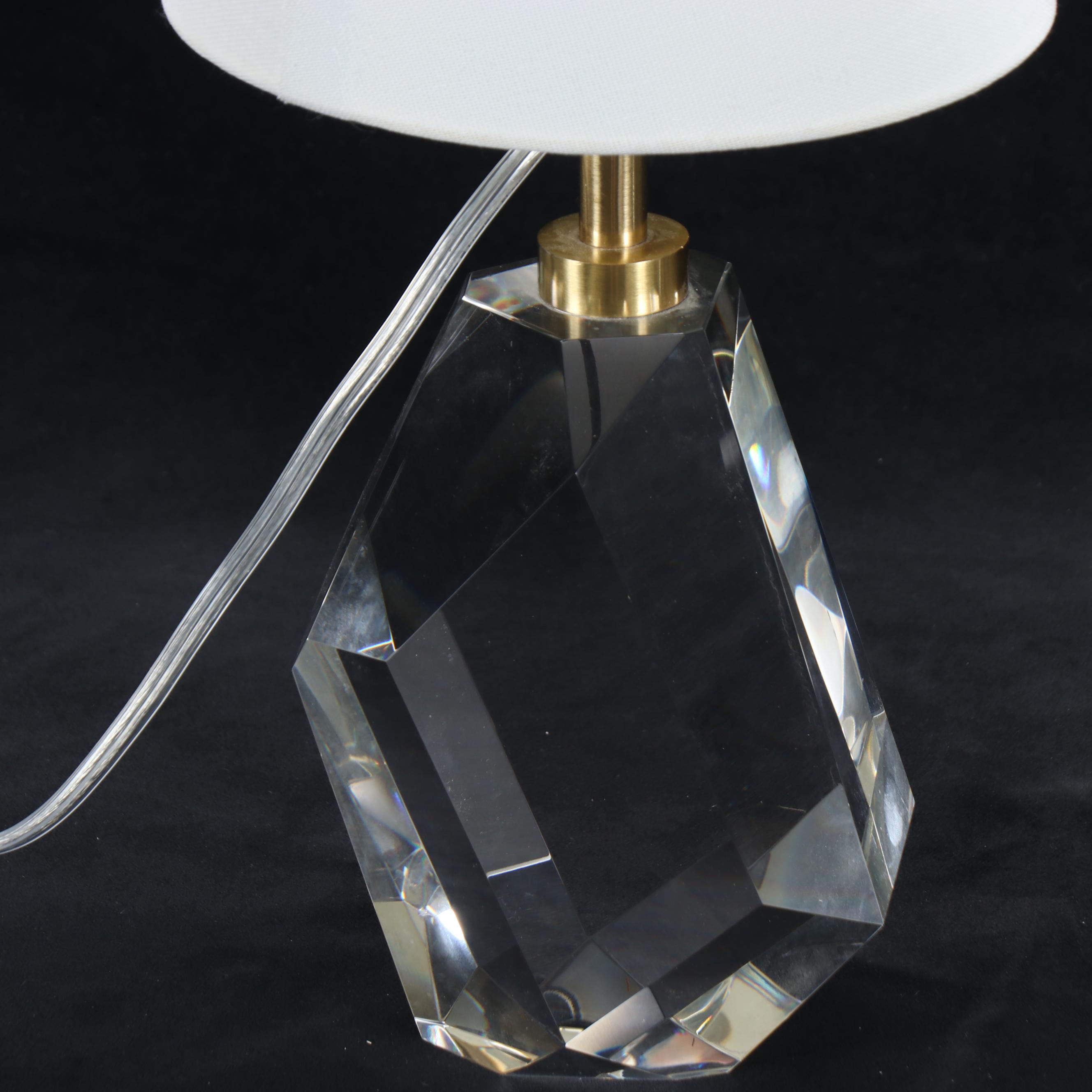Visual Comfort & Co. Style Crystal Block Table Lamps with Cone Cotton Shades