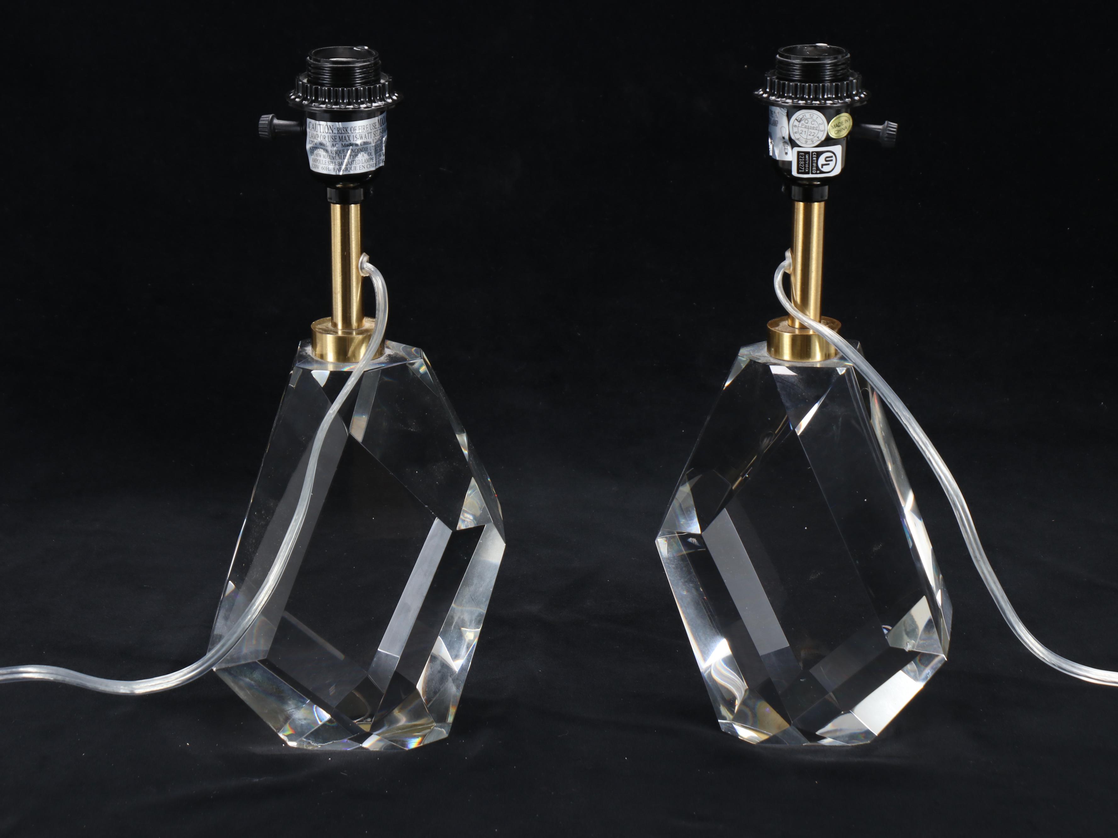 Visual Comfort & Co. Style Crystal Block Table Lamps with Cone Cotton Shades
