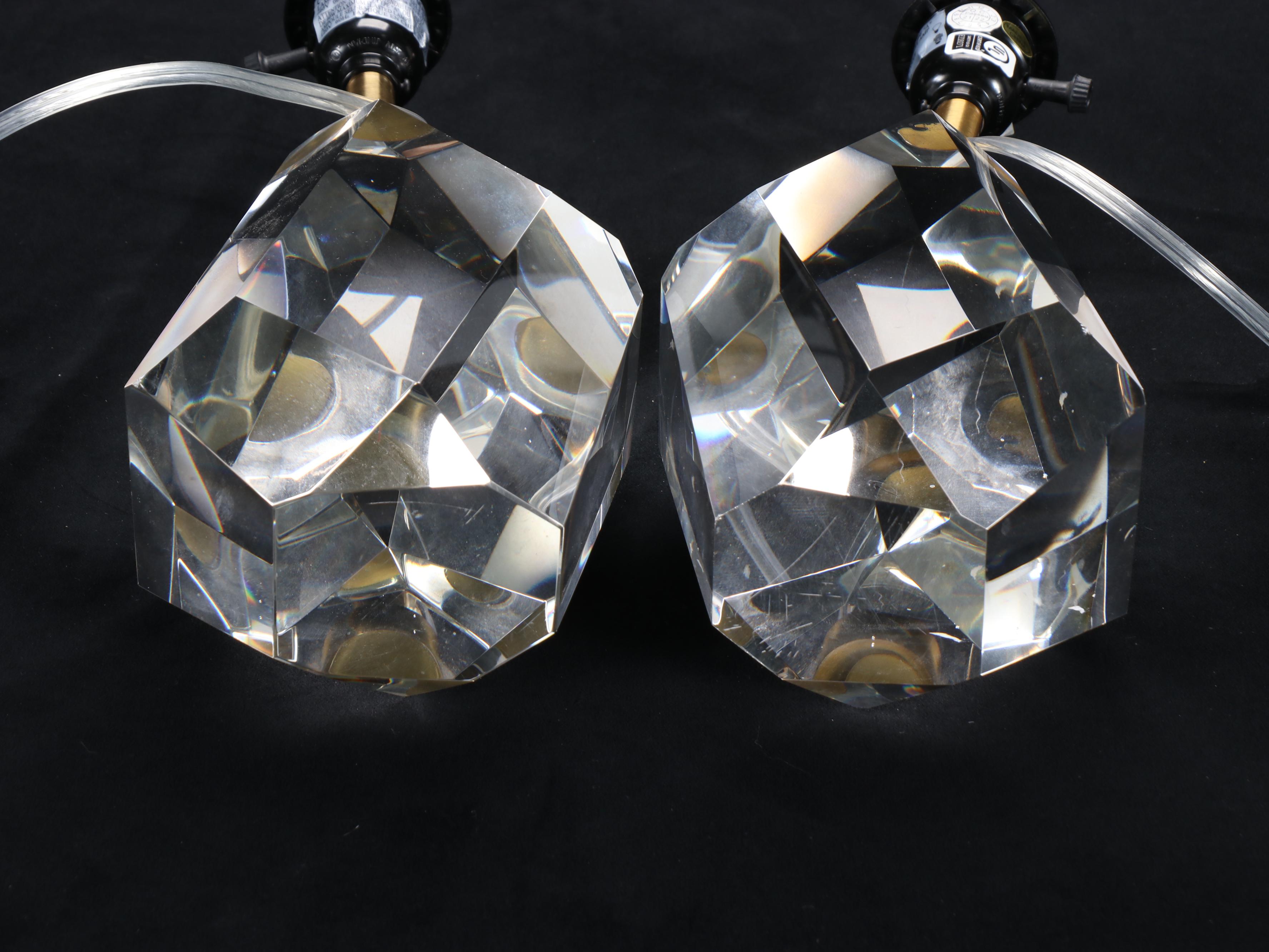 Visual Comfort & Co. Style Crystal Block Table Lamps with Cone Cotton Shades