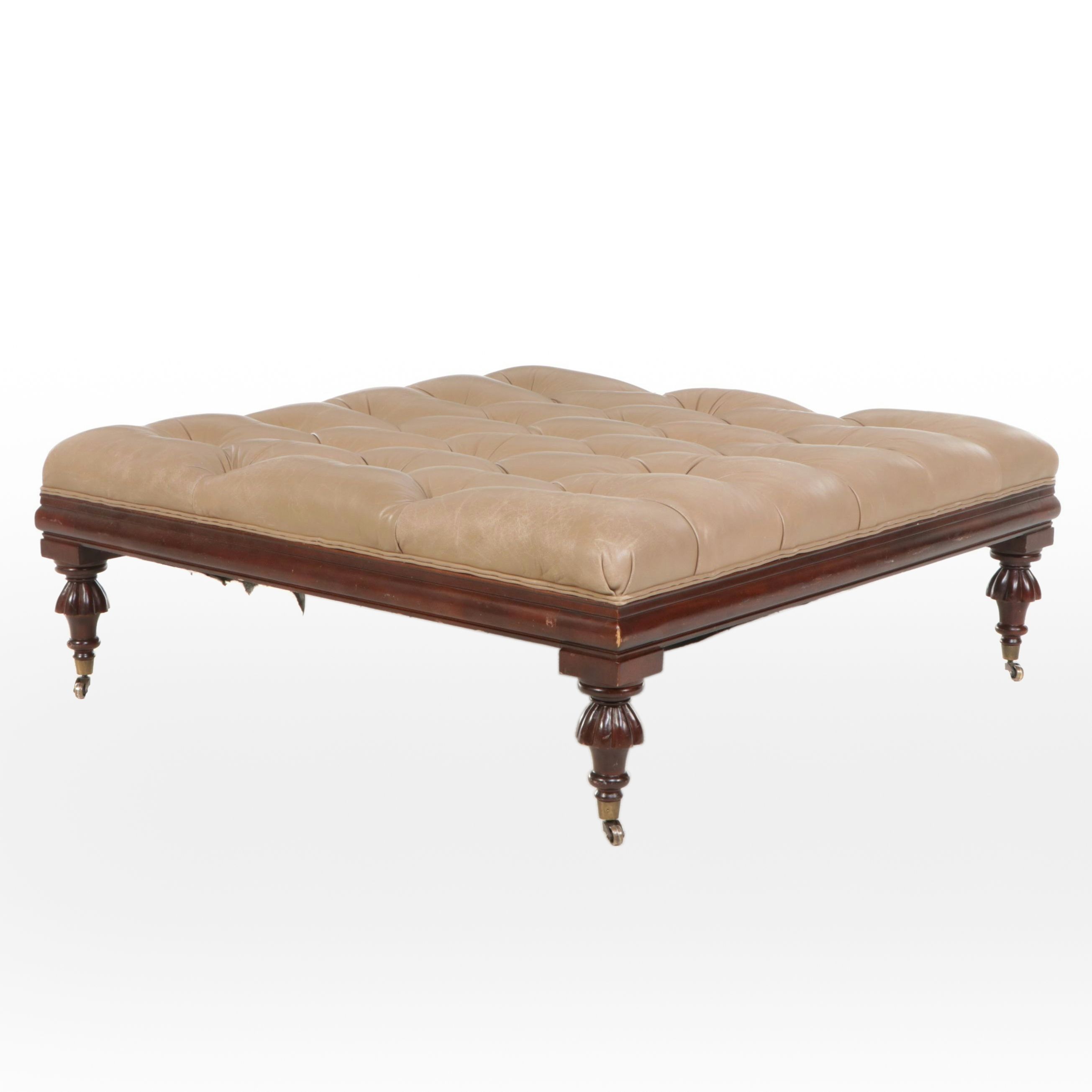 The Henredon Leather Co. Edwardian Style Tufted Leather and Carved Wood Ottoman