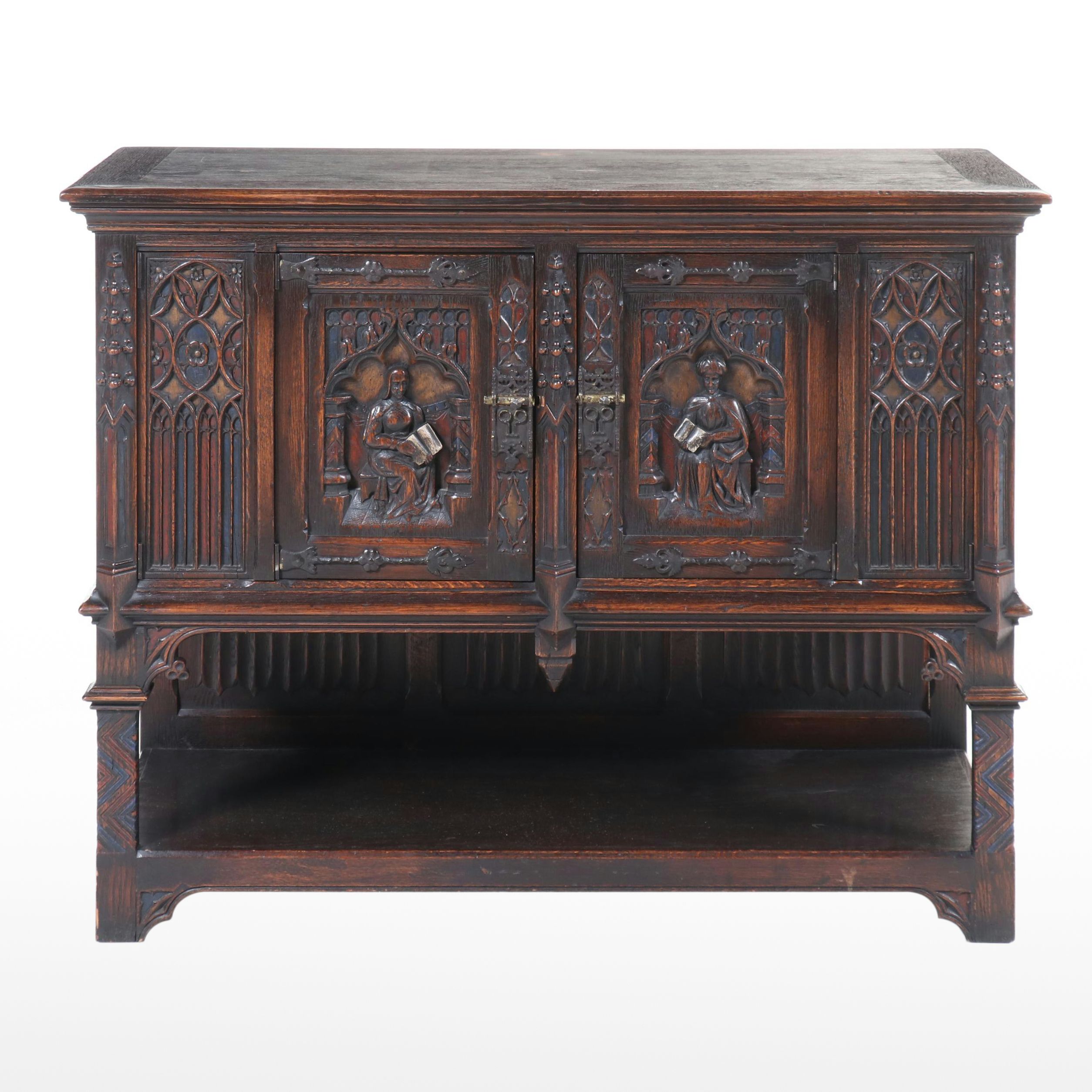 European Gothic Revival Carved Oak Two-Door Cabinet, Late 19th/Early 20th C.