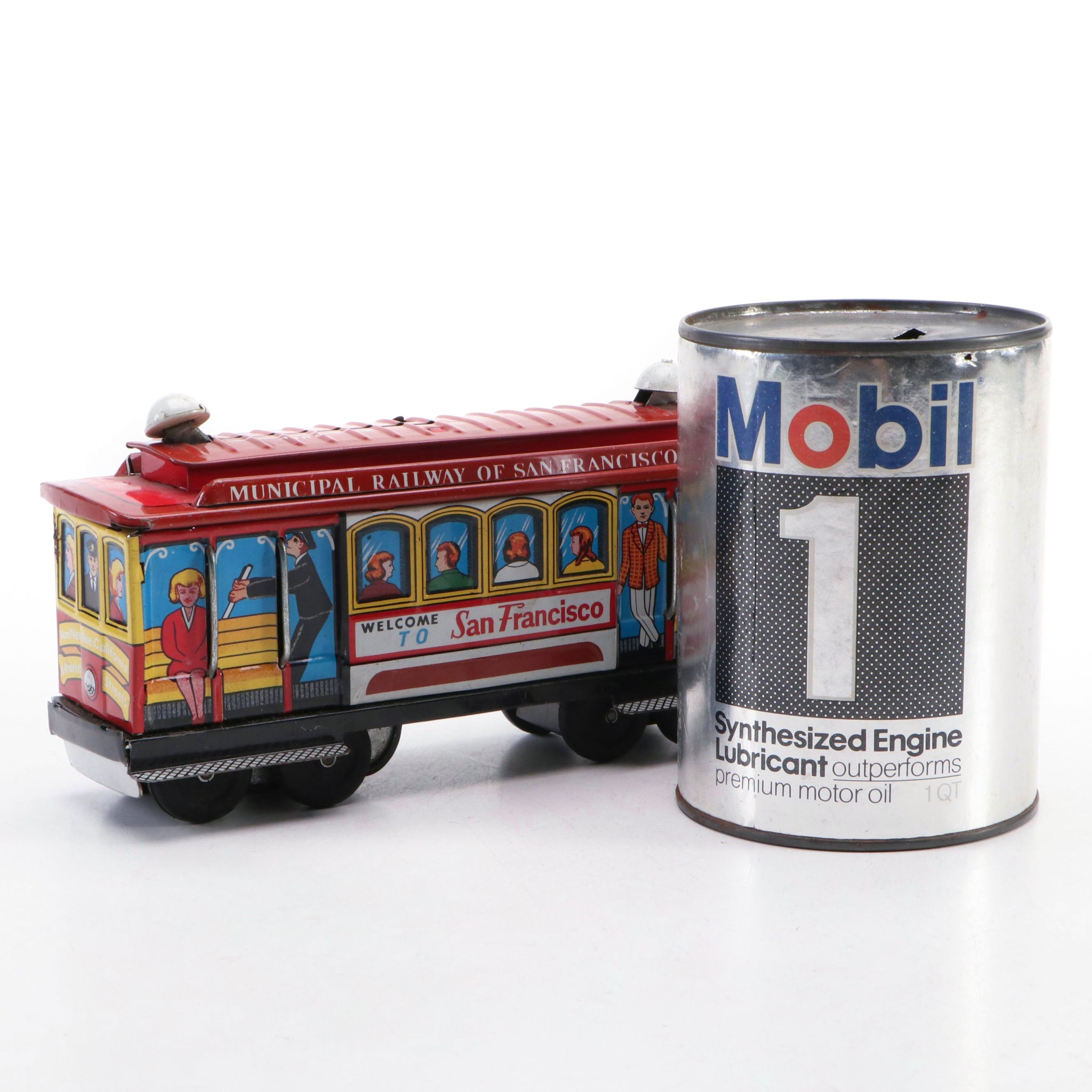 Tin Litho San Francisco Trolley and Mobile 1 Oil Can Novelty Coin Banks