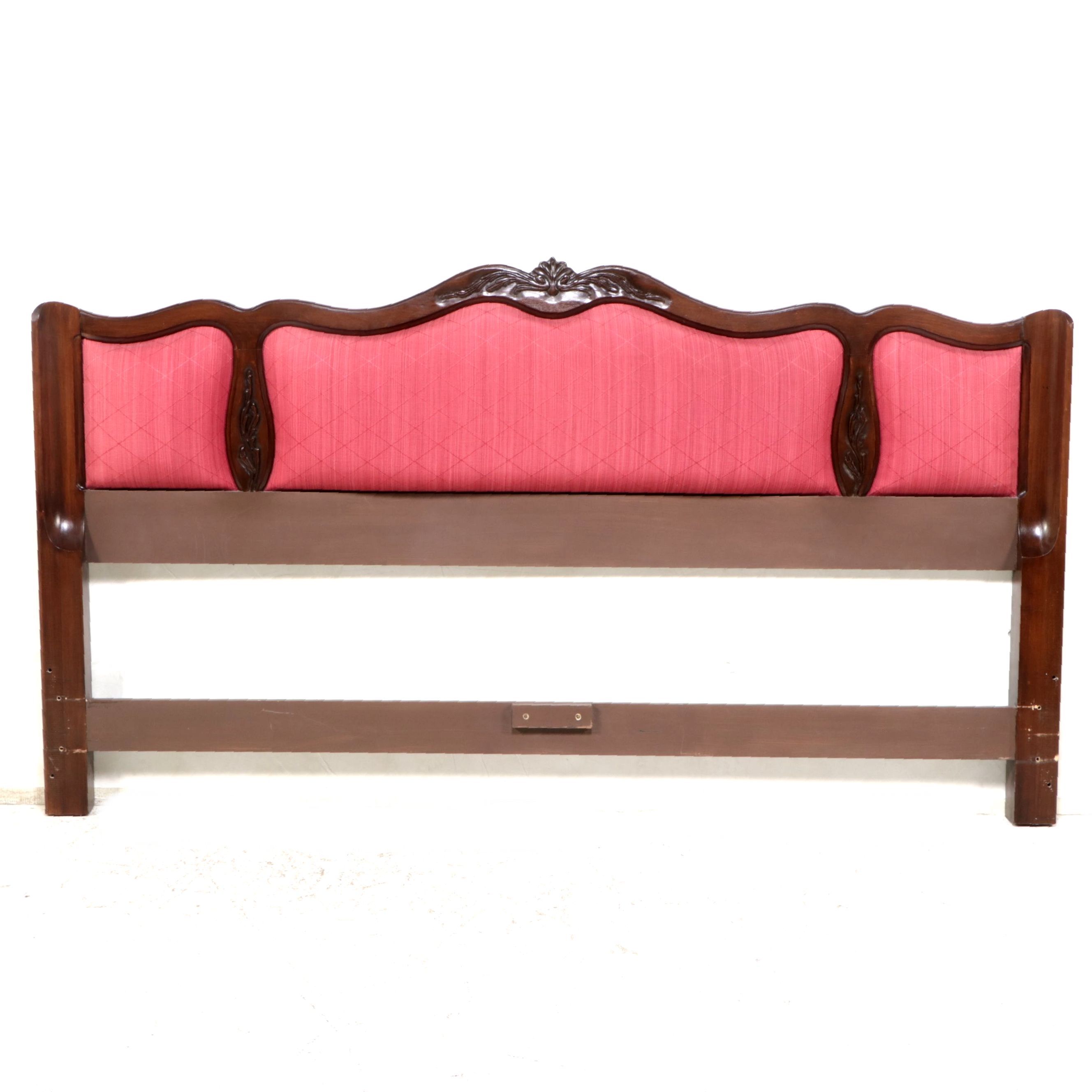 French Provincial Style Carved Wood and Upholstered King Headboard