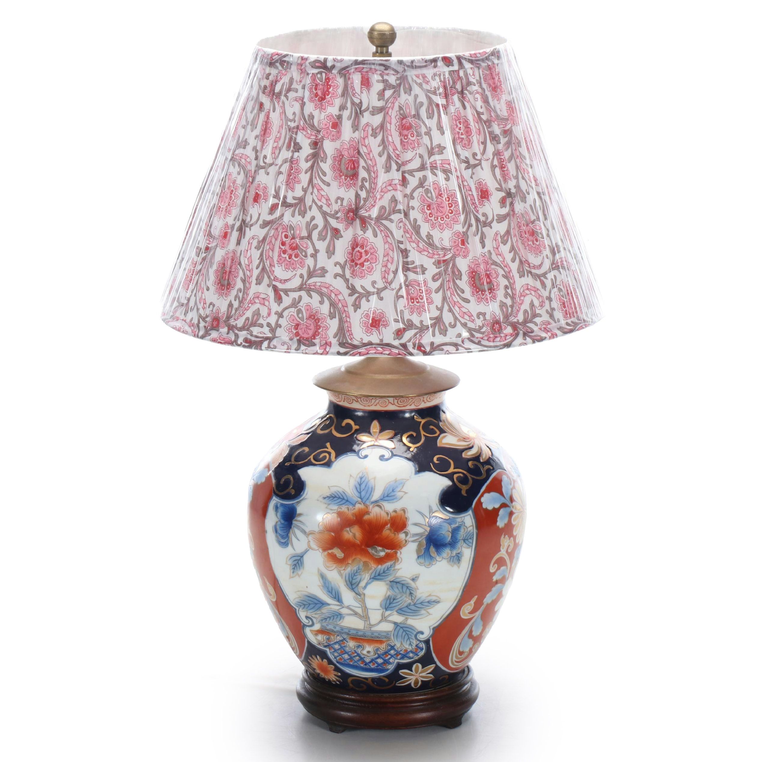 Japanese Imari Porcelain Table Lamp with Pink Tudor Print Shade