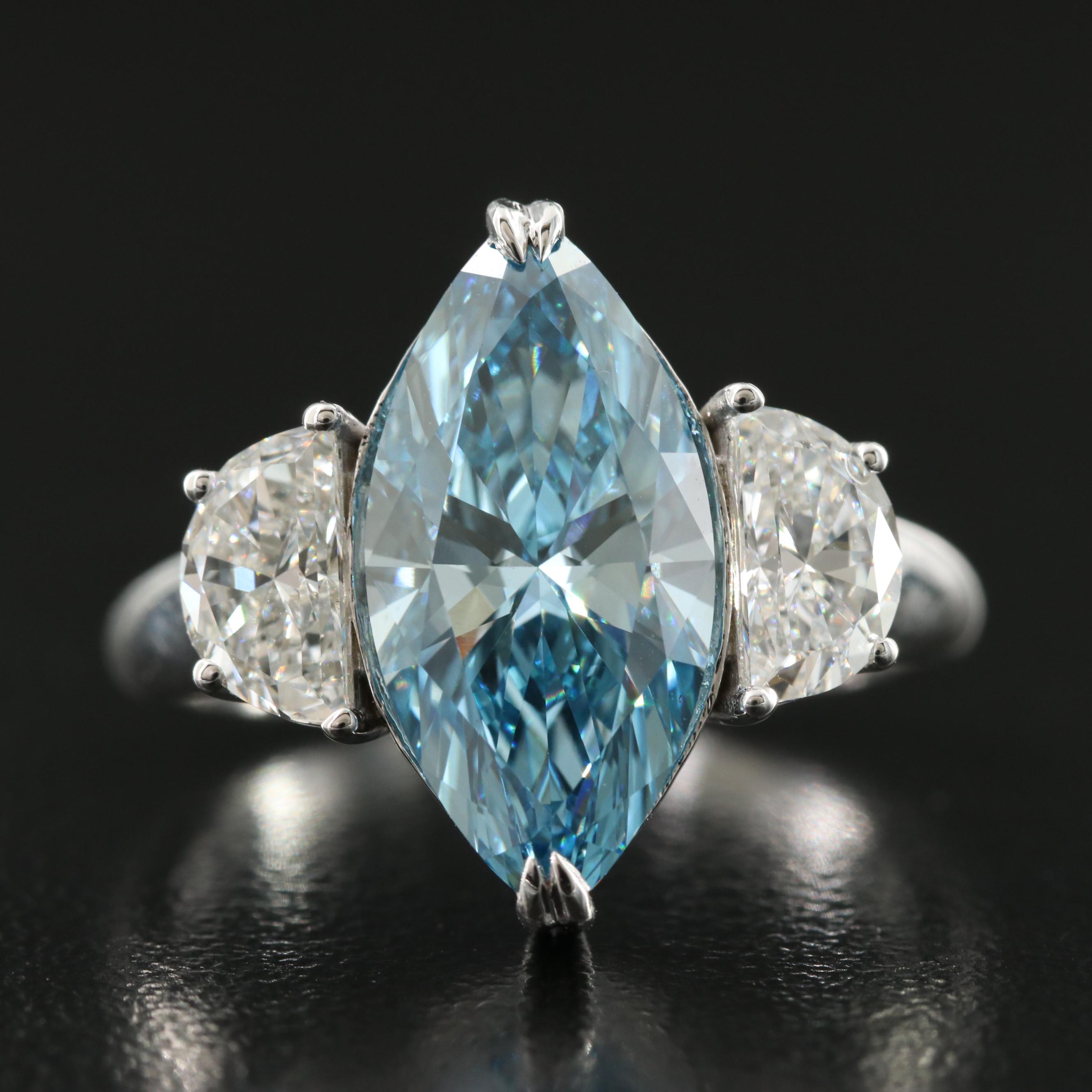 14K 4.08 CTW Lab Grown Diamond Ring with Fancy Blue Center and IGI Report