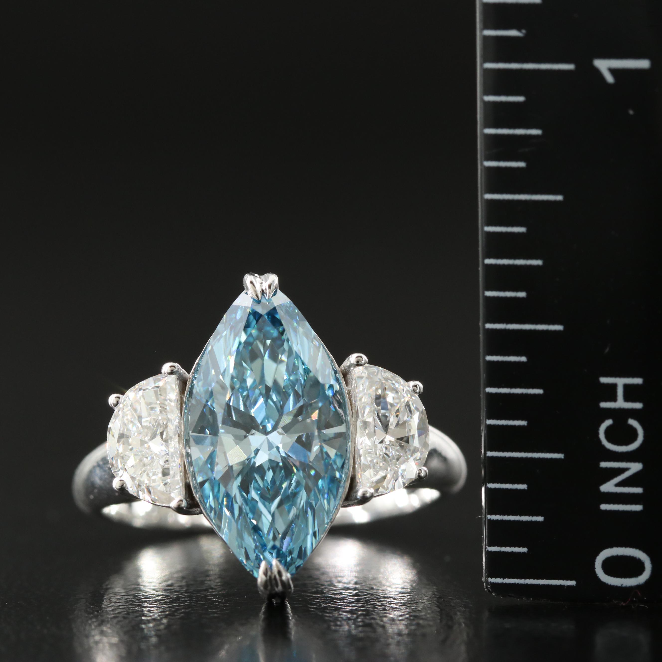 14K 4.08 CTW Lab Grown Diamond Ring with Fancy Blue Center and IGI Report