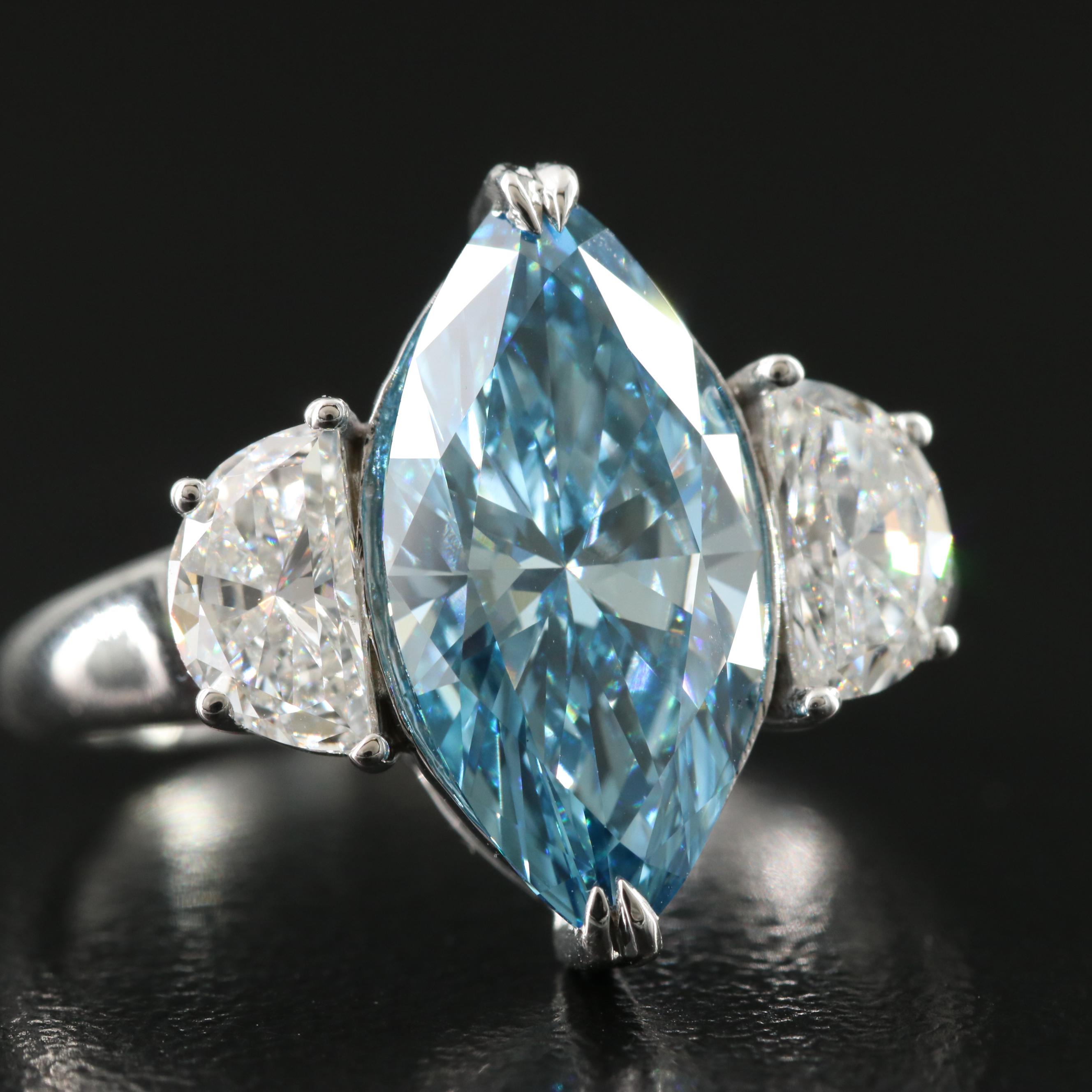 14K 4.08 CTW Lab Grown Diamond Ring with Fancy Blue Center and IGI Report