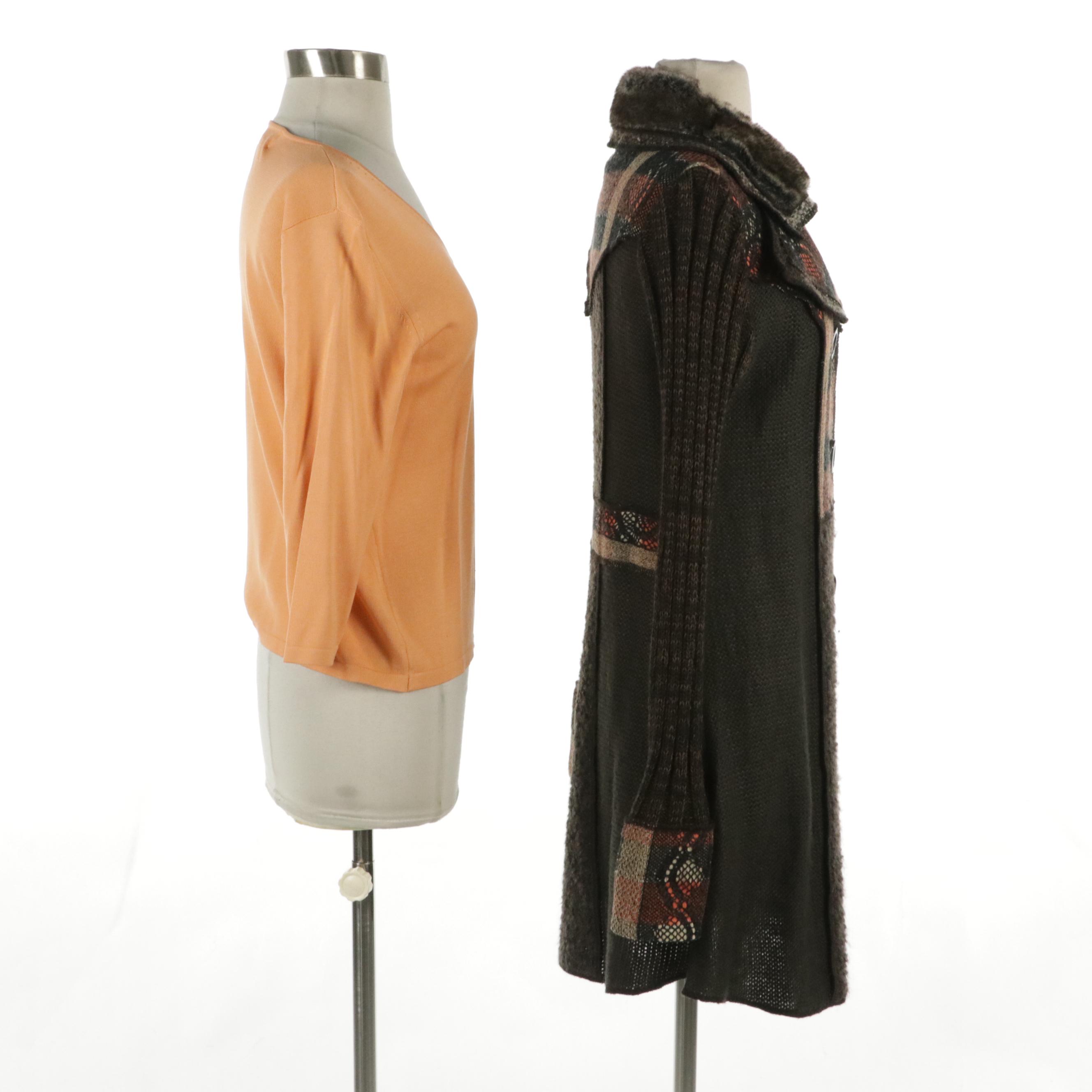 Sioni Studio Mixed Material Sweater Coat with Concept Silk Jersey Knit Top