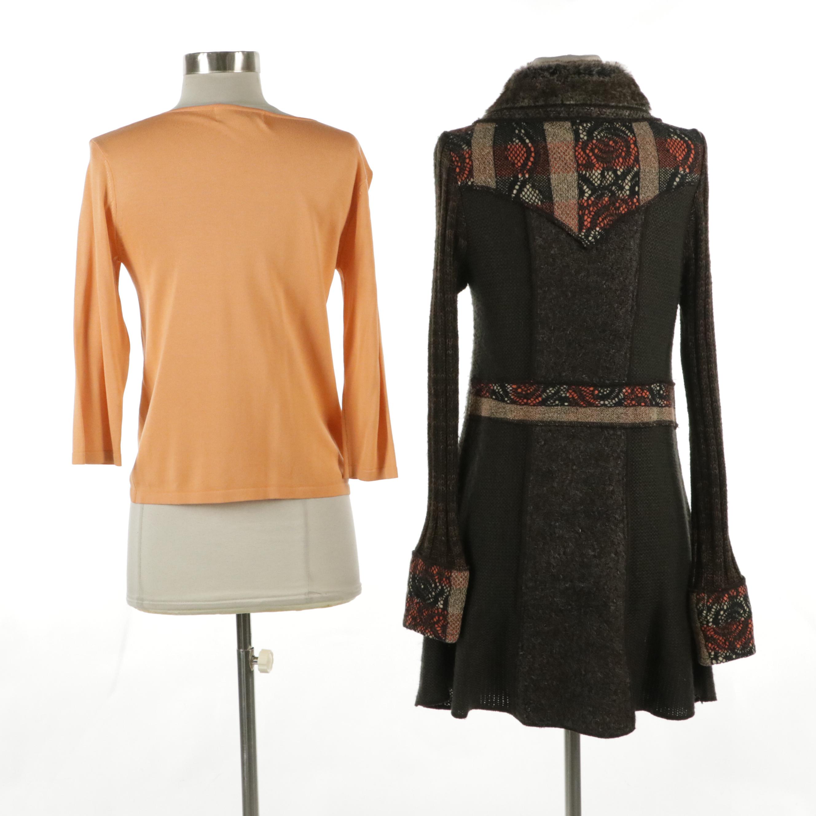 Sioni Studio Mixed Material Sweater Coat with Concept Silk Jersey Knit Top