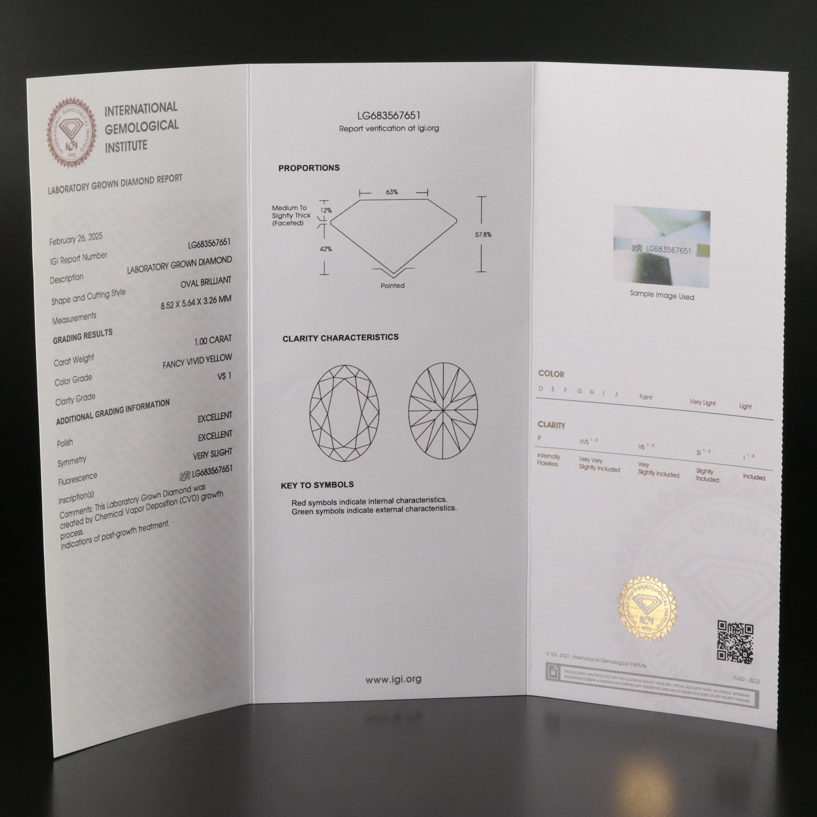 Loose 1.00 CT Lab Grown Fancy Yellow Diamond with IGI Report