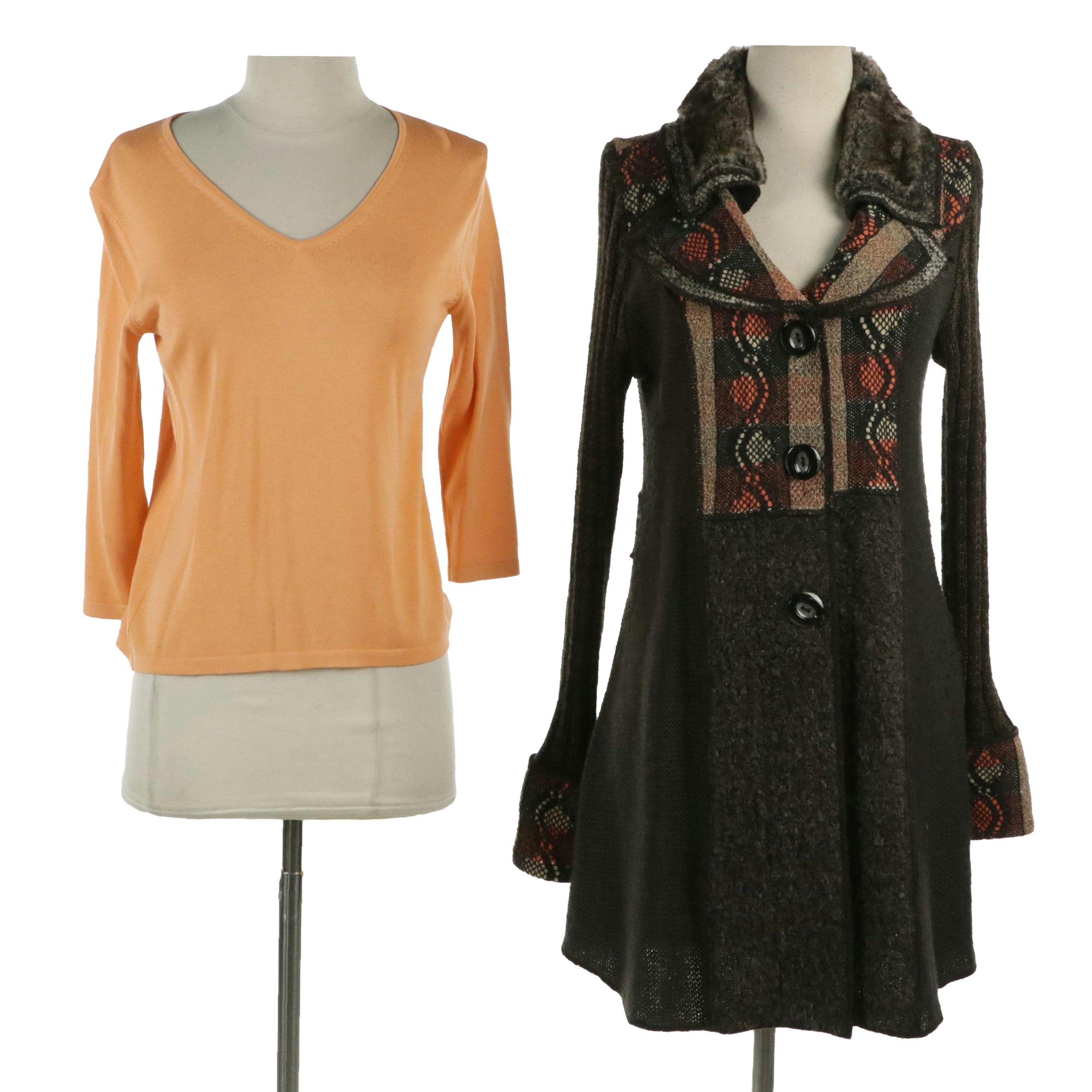 Sioni Studio Mixed Material Sweater Coat with Concept Silk Jersey Knit Top