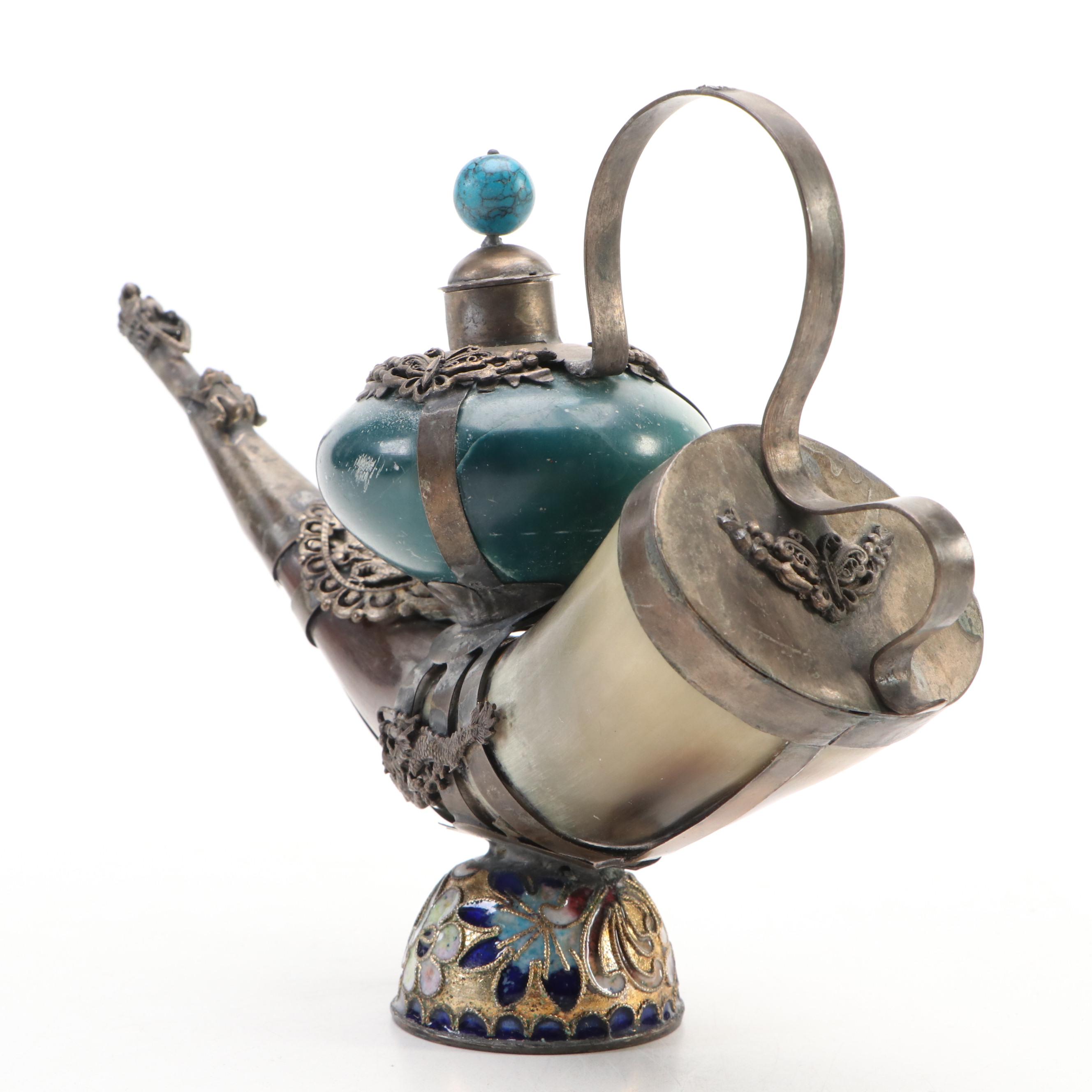 Chinese Dragon & Frog Horn and Cloisonne Censer with Handle