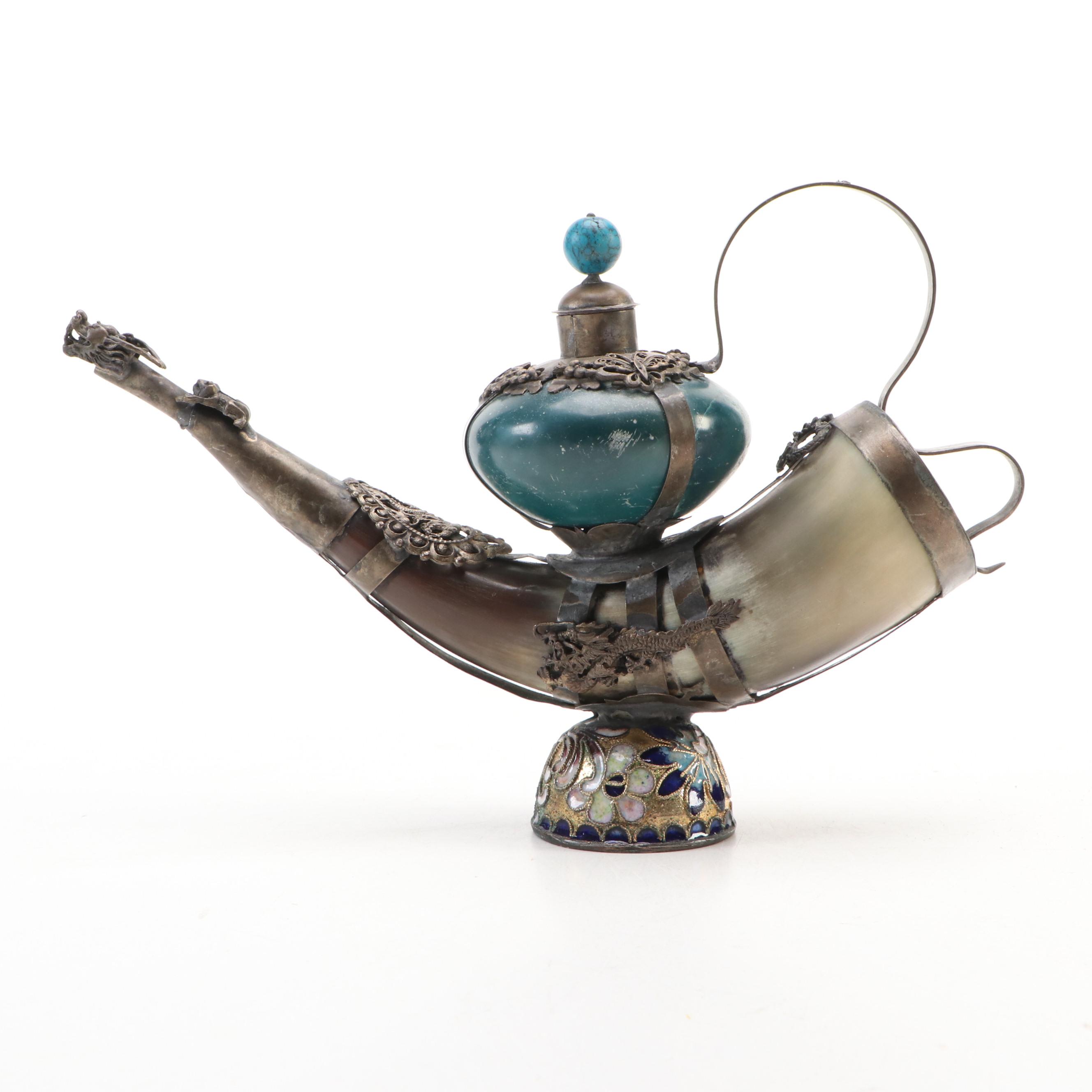 Chinese Dragon & Frog Horn and Cloisonne Censer with Handle