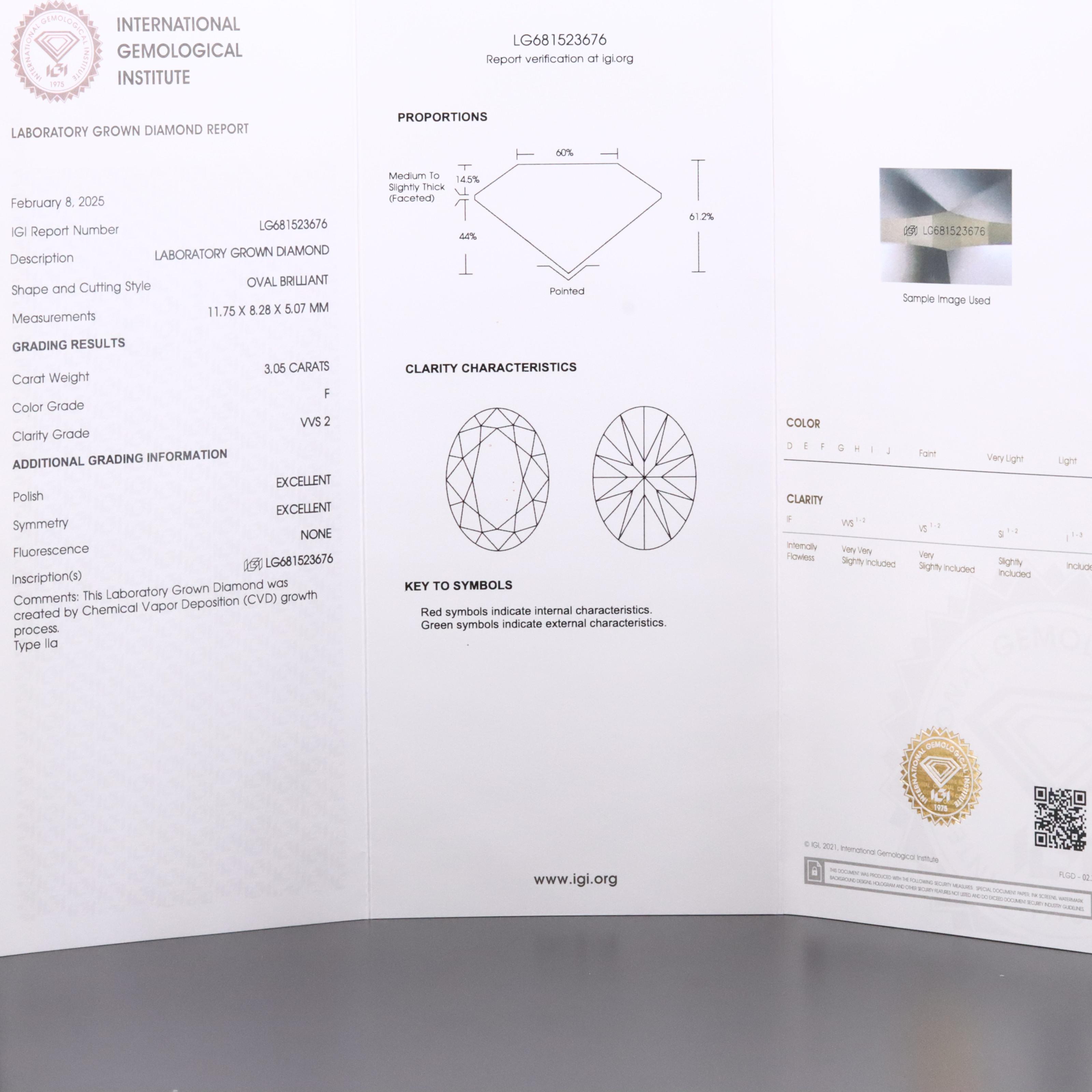 Platinum 3.05 CT Lab Grown Diamond Solitaire Necklace with IGI Report