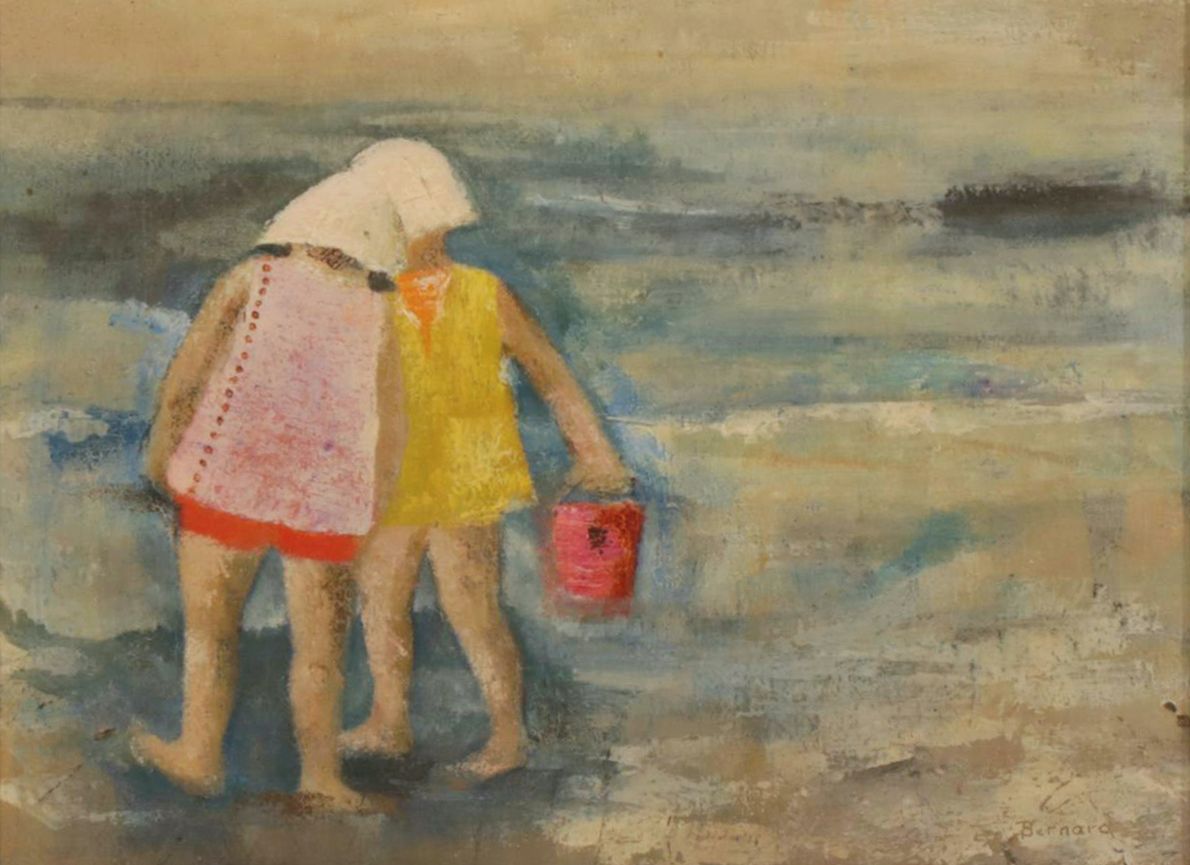 Louise N. Bernard Impressionist Style Beach Scene Oil Painting, Mid 20th Century