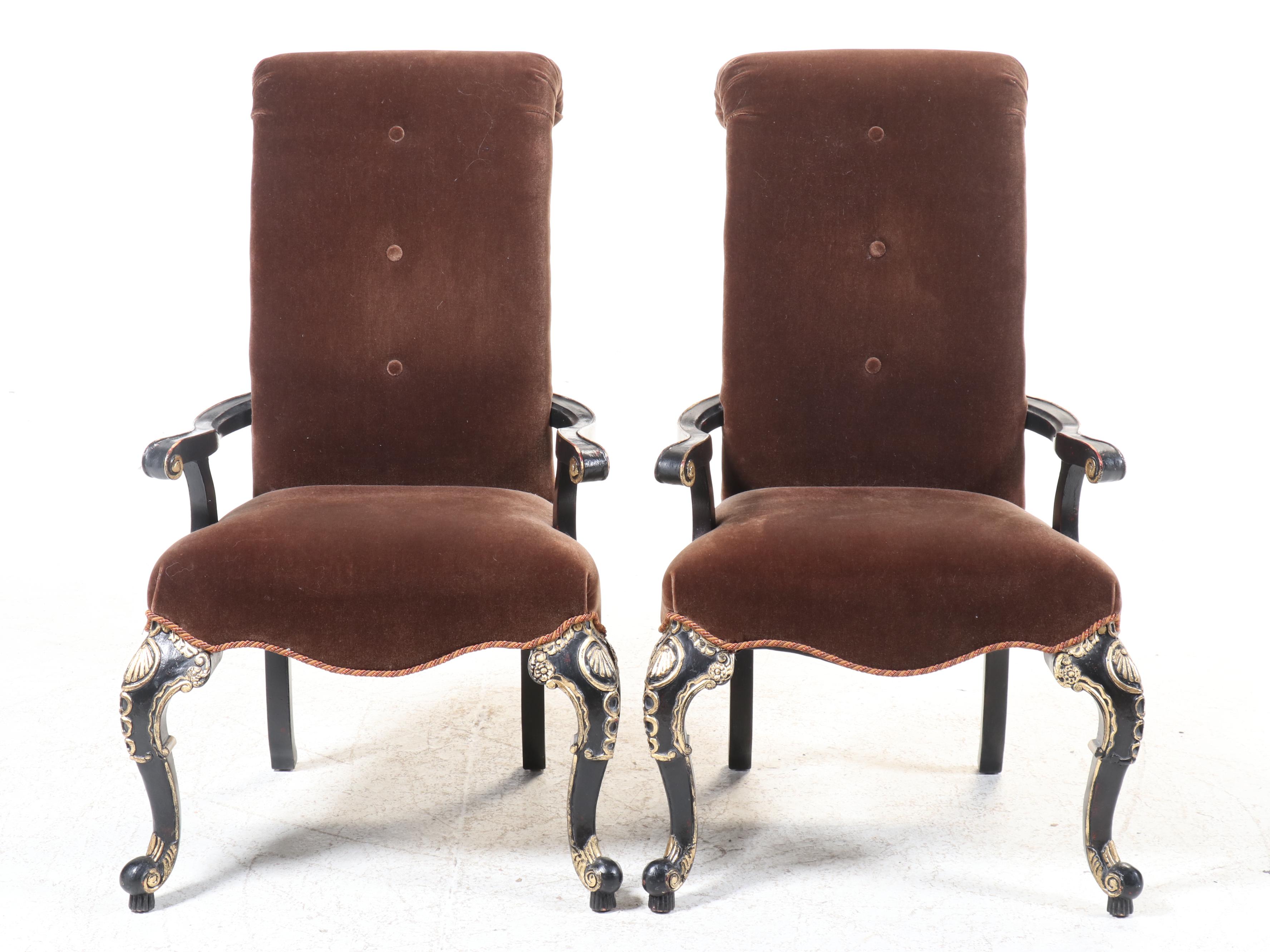 Pair of Louis XVI Style Button-Tufted Mohair, Gilt and Painted Wood Fauteuils