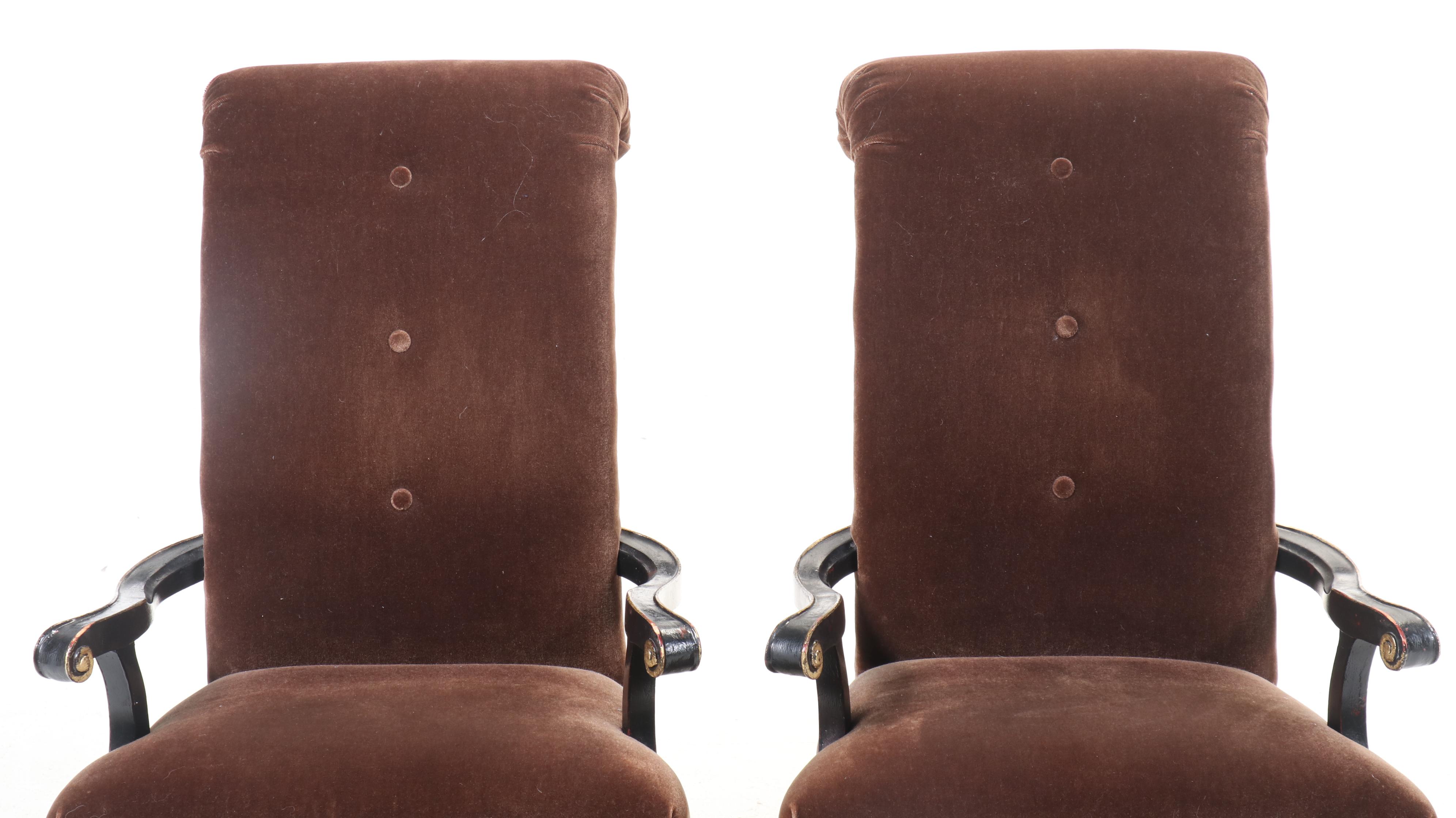 Pair of Louis XVI Style Button-Tufted Mohair, Gilt and Painted Wood Fauteuils