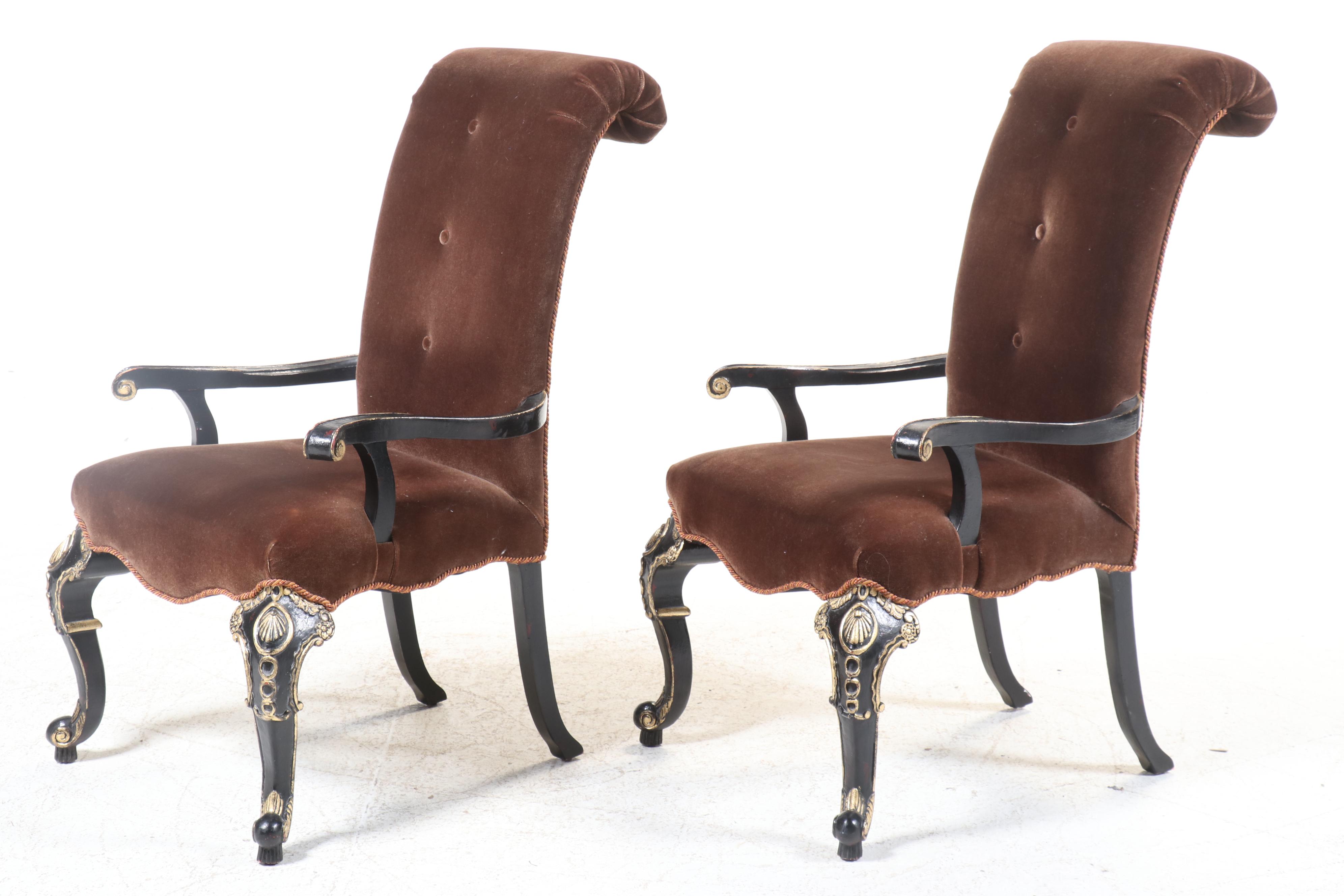 Pair of Louis XVI Style Button-Tufted Mohair, Gilt and Painted Wood Fauteuils