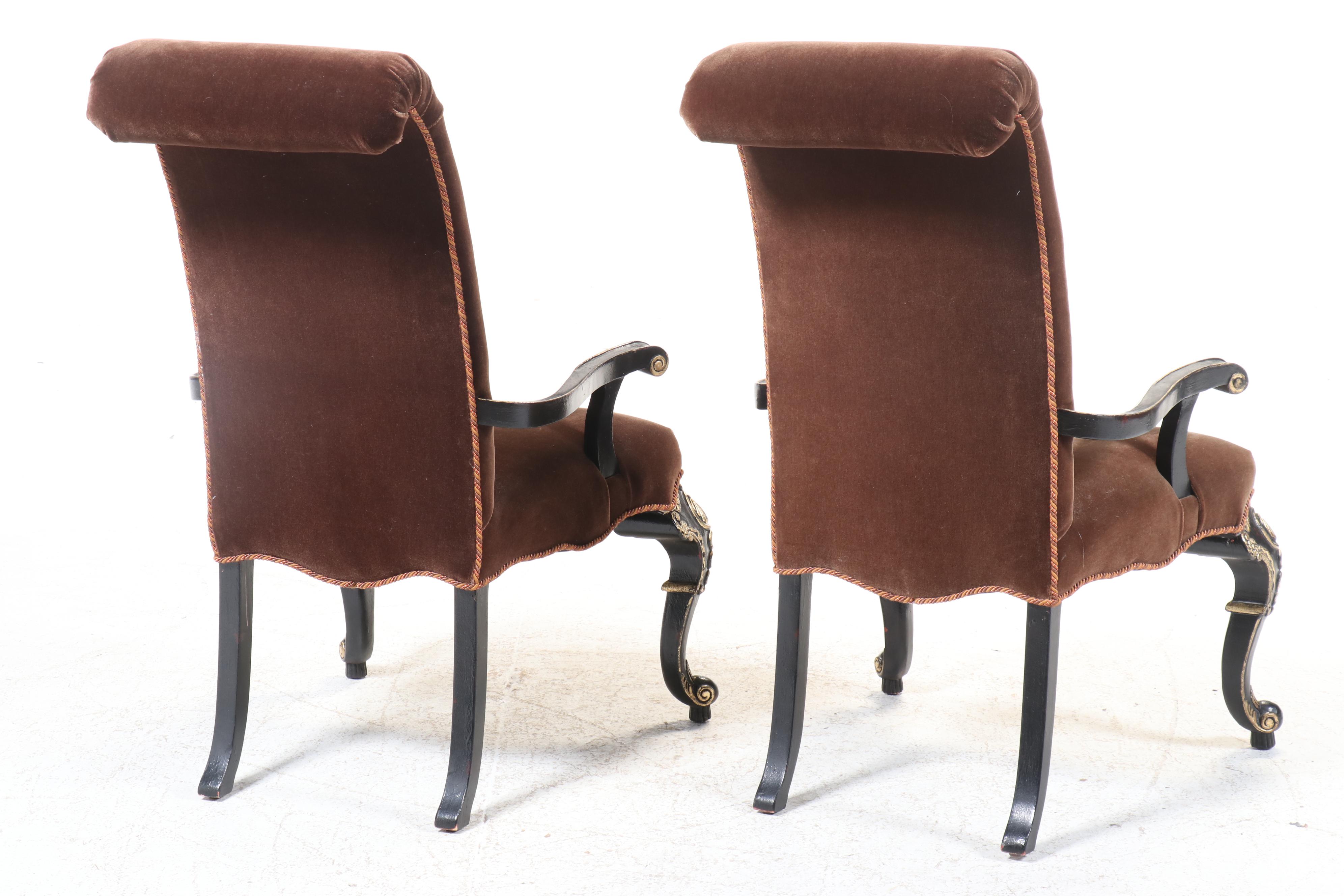 Pair of Louis XVI Style Button-Tufted Mohair, Gilt and Painted Wood Fauteuils