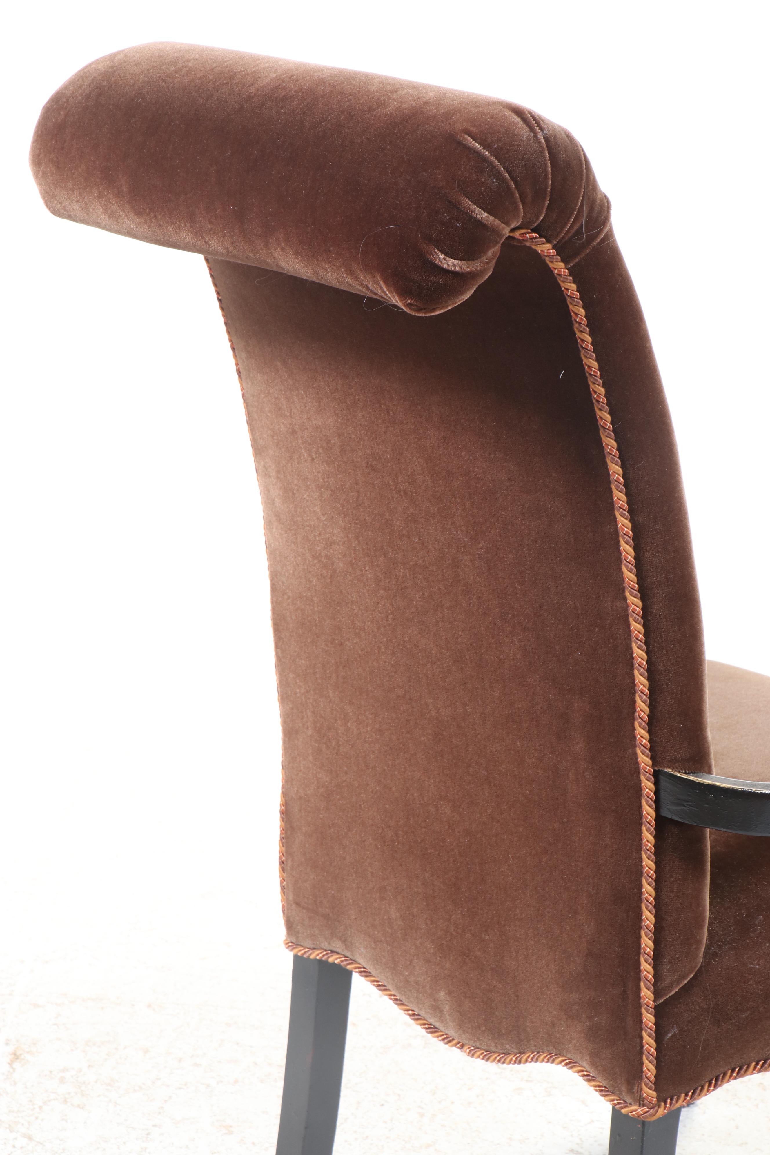 Pair of Louis XVI Style Button-Tufted Mohair, Gilt and Painted Wood Fauteuils