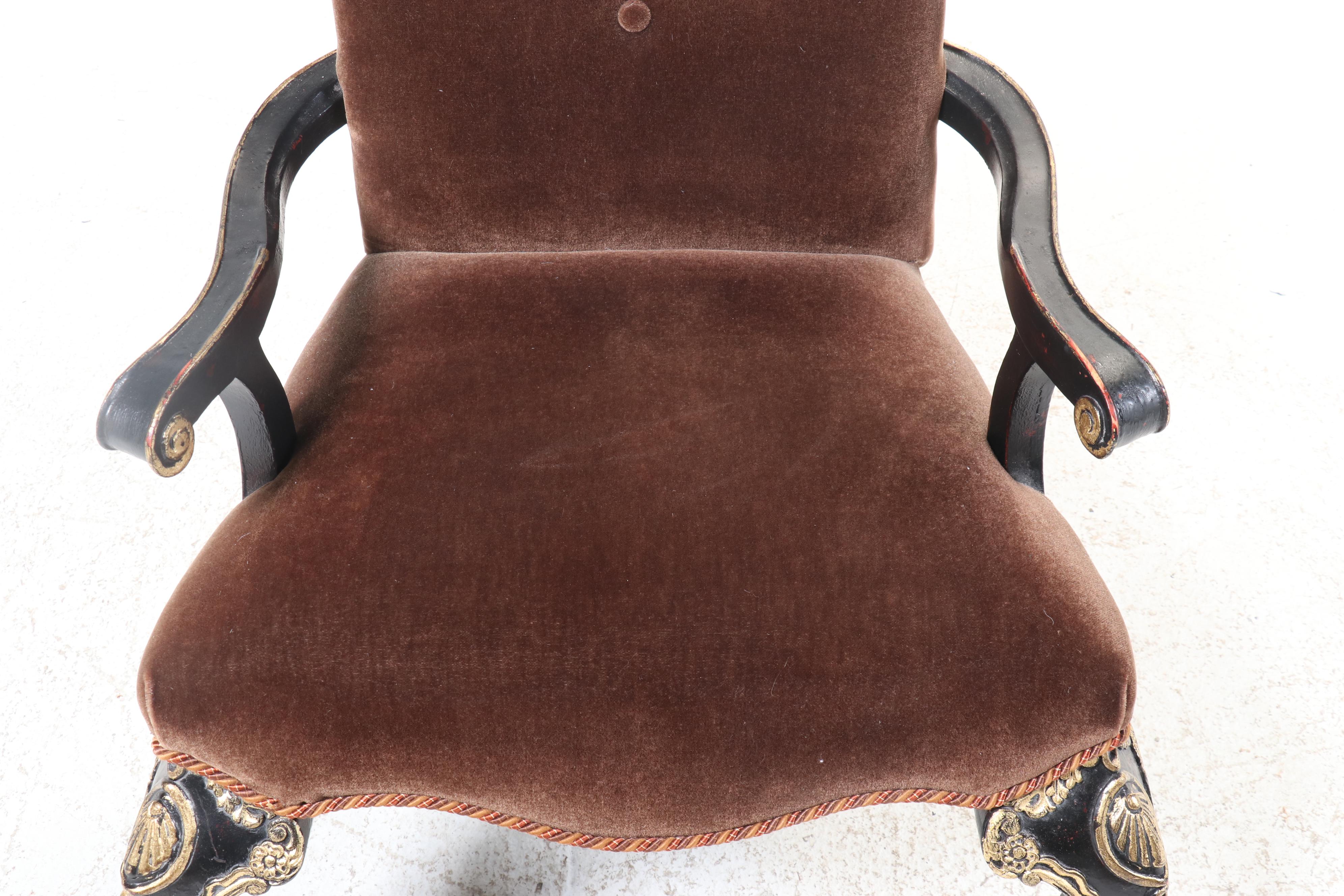 Pair of Louis XVI Style Button-Tufted Mohair, Gilt and Painted Wood Fauteuils