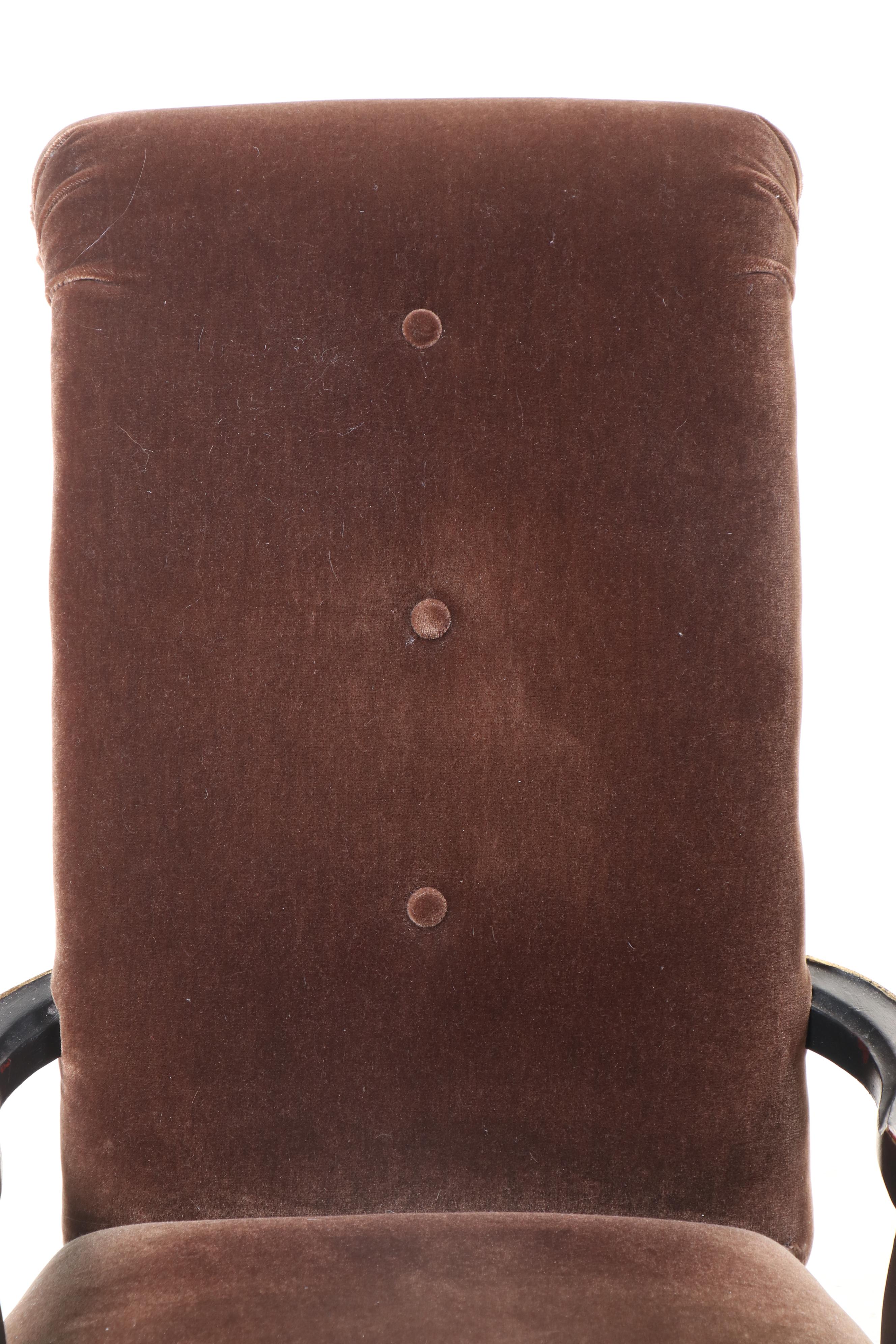 Pair of Louis XVI Style Button-Tufted Mohair, Gilt and Painted Wood Fauteuils