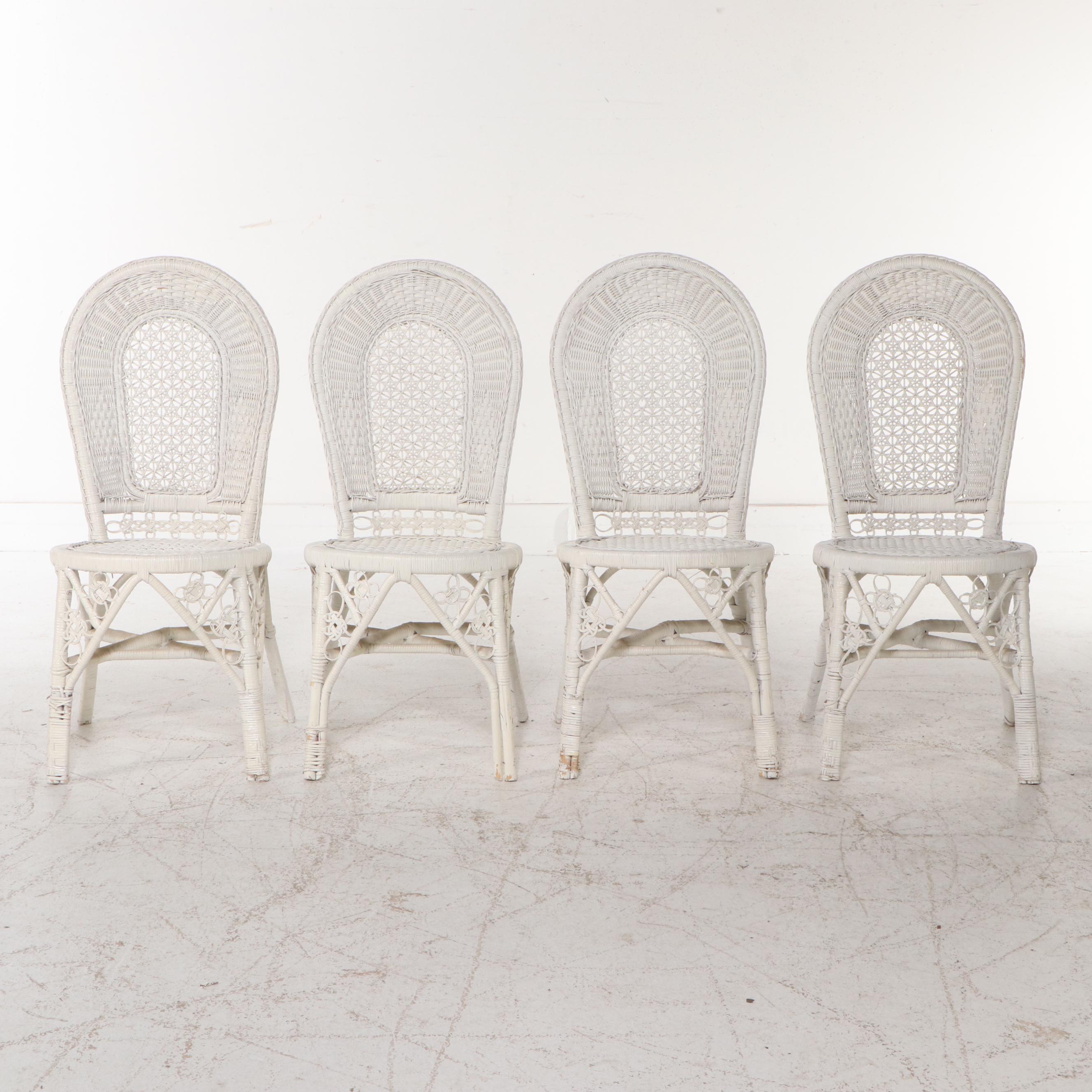 Set of Four White-Painted Wicker Rattan Dining Chairs