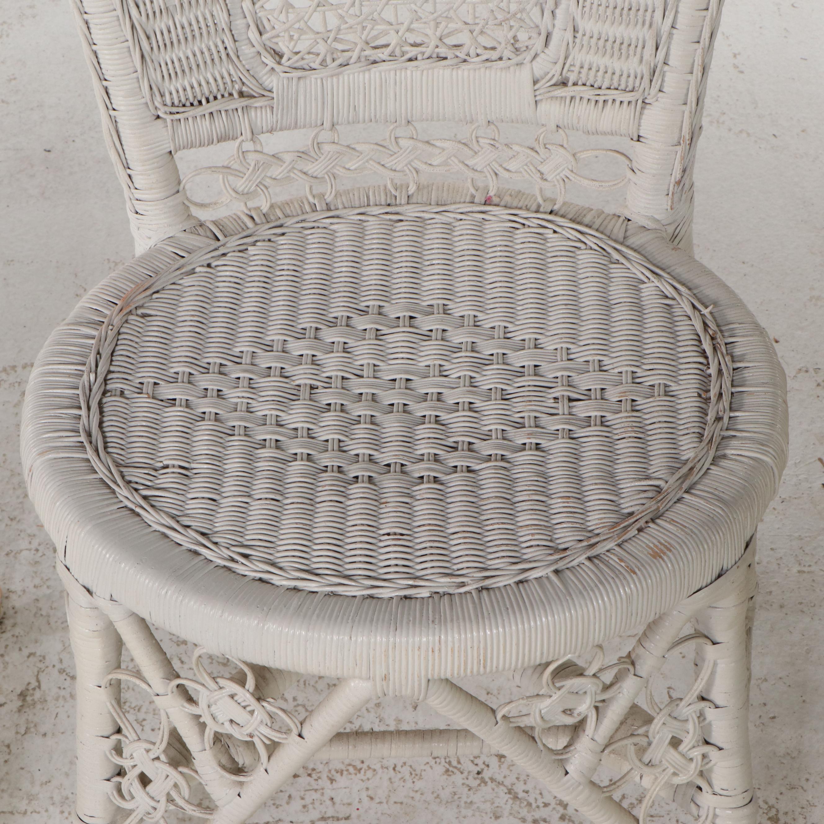 Set of Four White-Painted Wicker Rattan Dining Chairs
