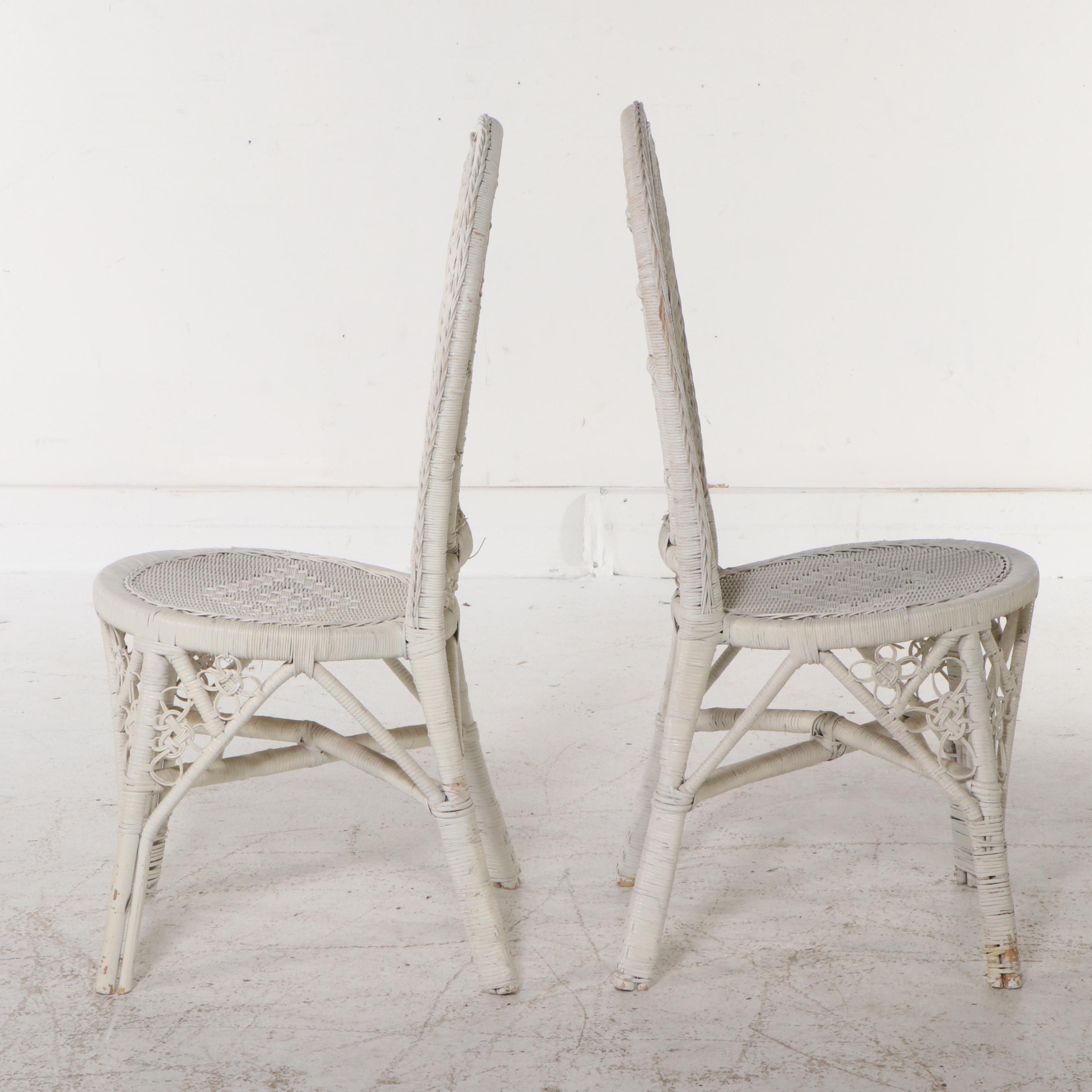 Set of Four White-Painted Wicker Rattan Dining Chairs