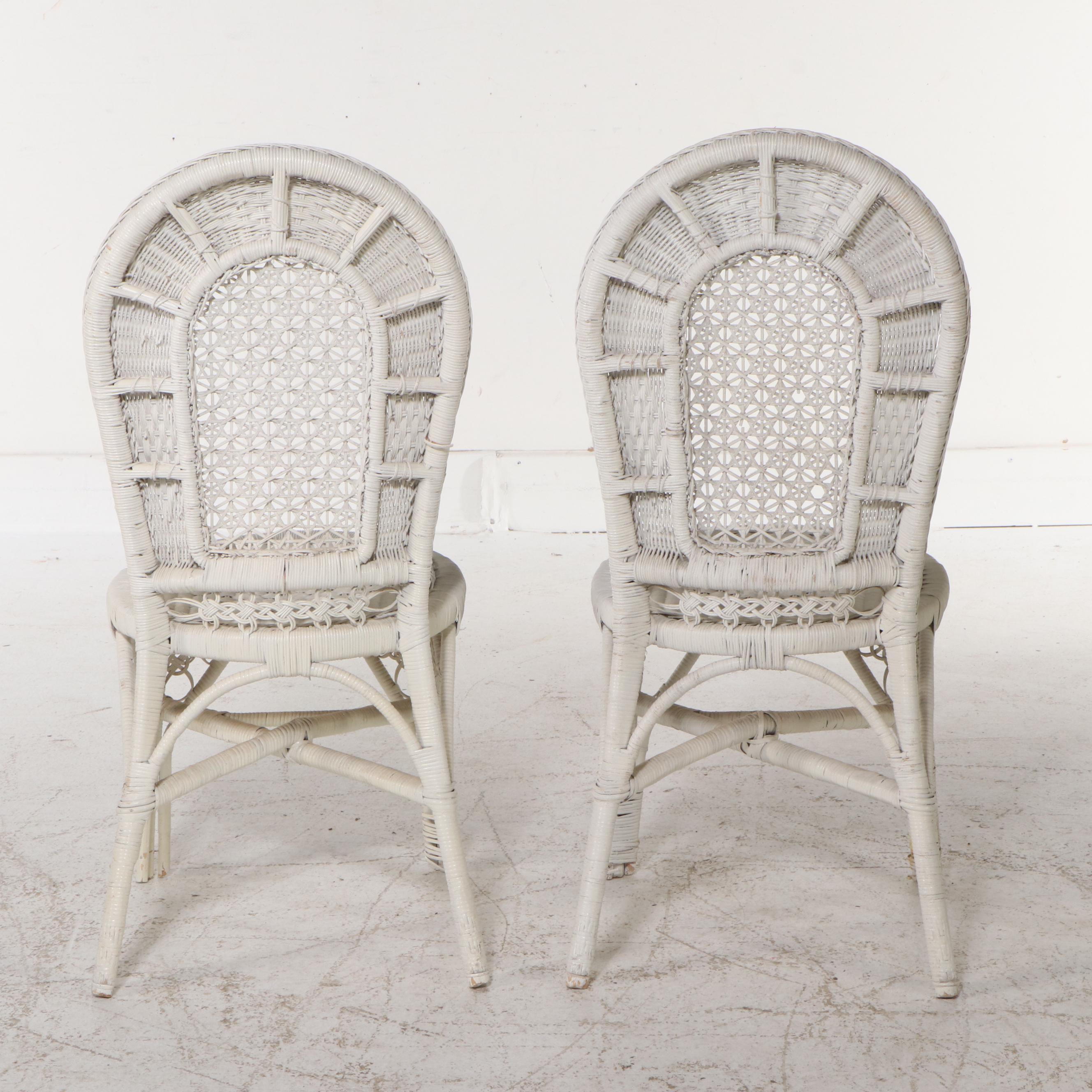 Set of Four White-Painted Wicker Rattan Dining Chairs