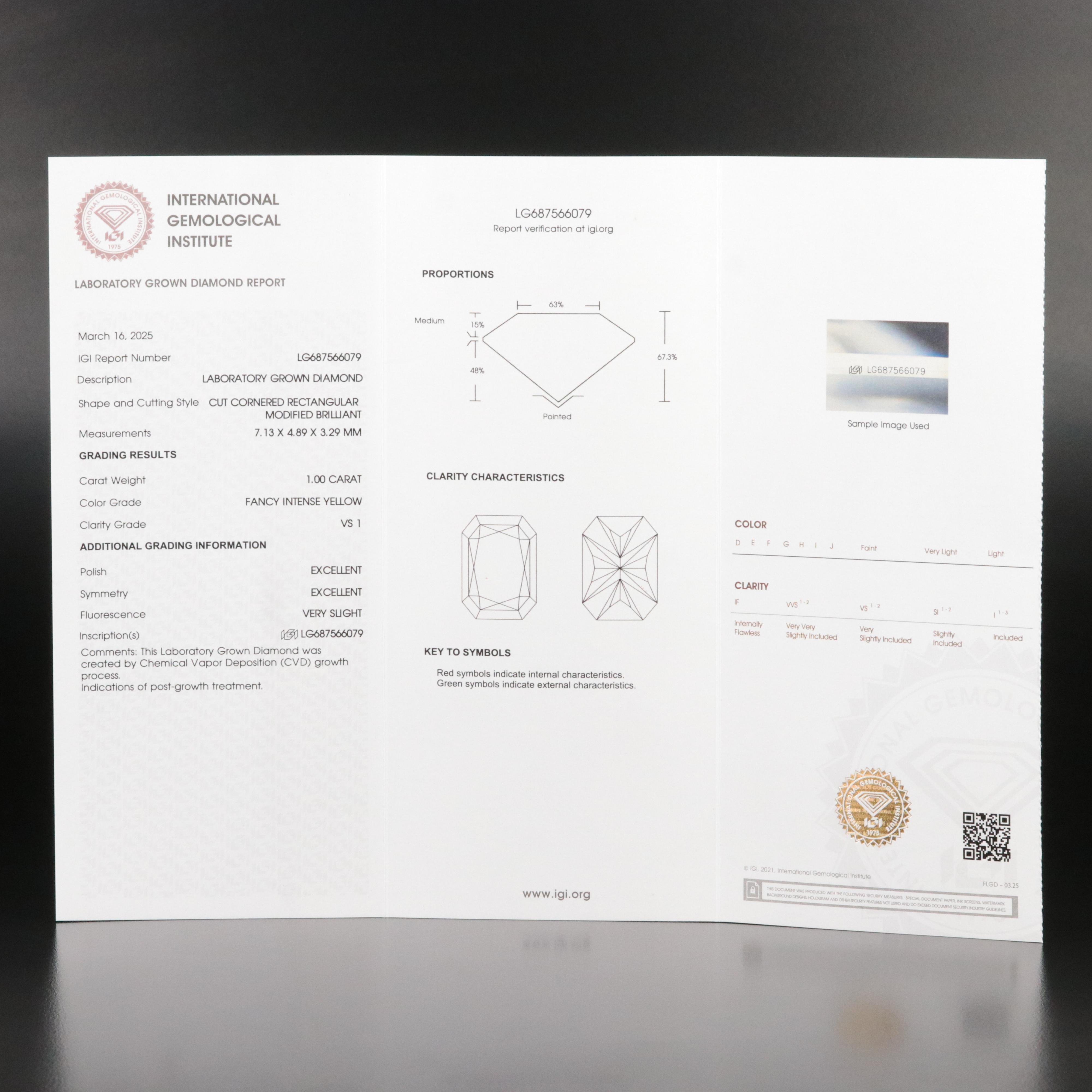 Loose 1.00 CT Lab Grown Fancy Yellow Diamond with IGI Report