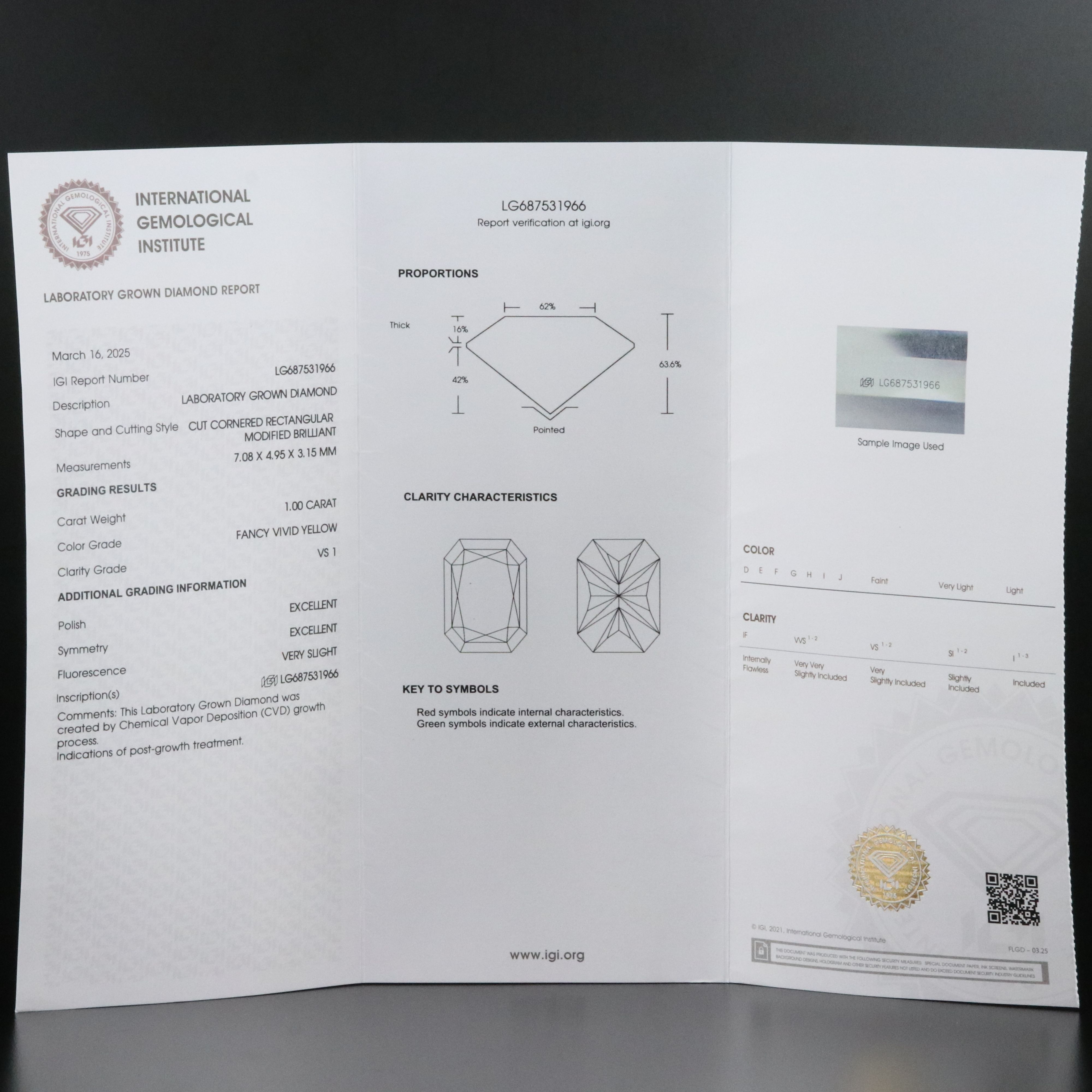 Loose 1.00 CT Lab Grown Fancy Yellow Diamond with IGI Report