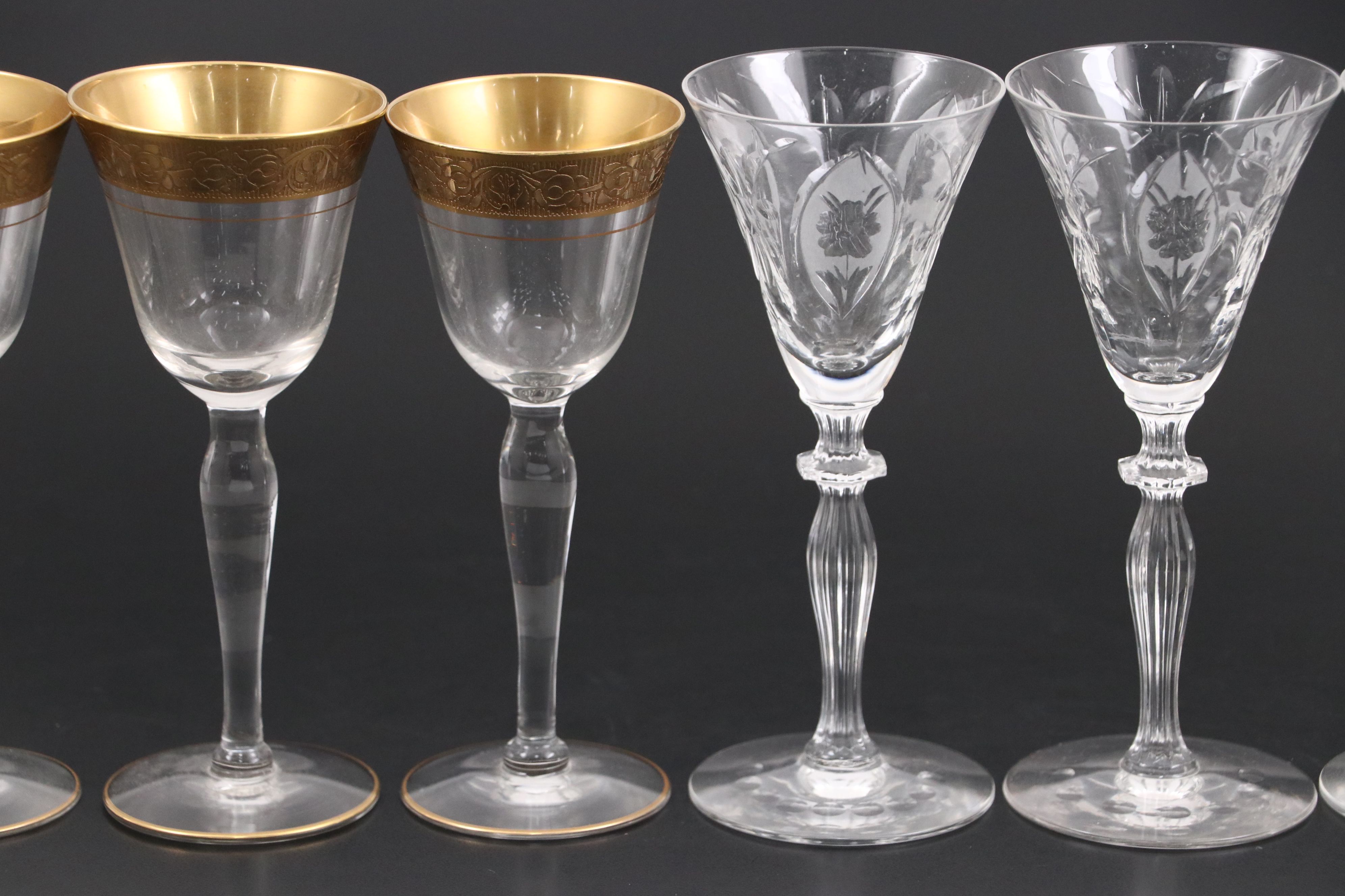 Glastonbury-Lotus "Rambler Rose" with Other Cut and Etched Glass Cordial Glasses