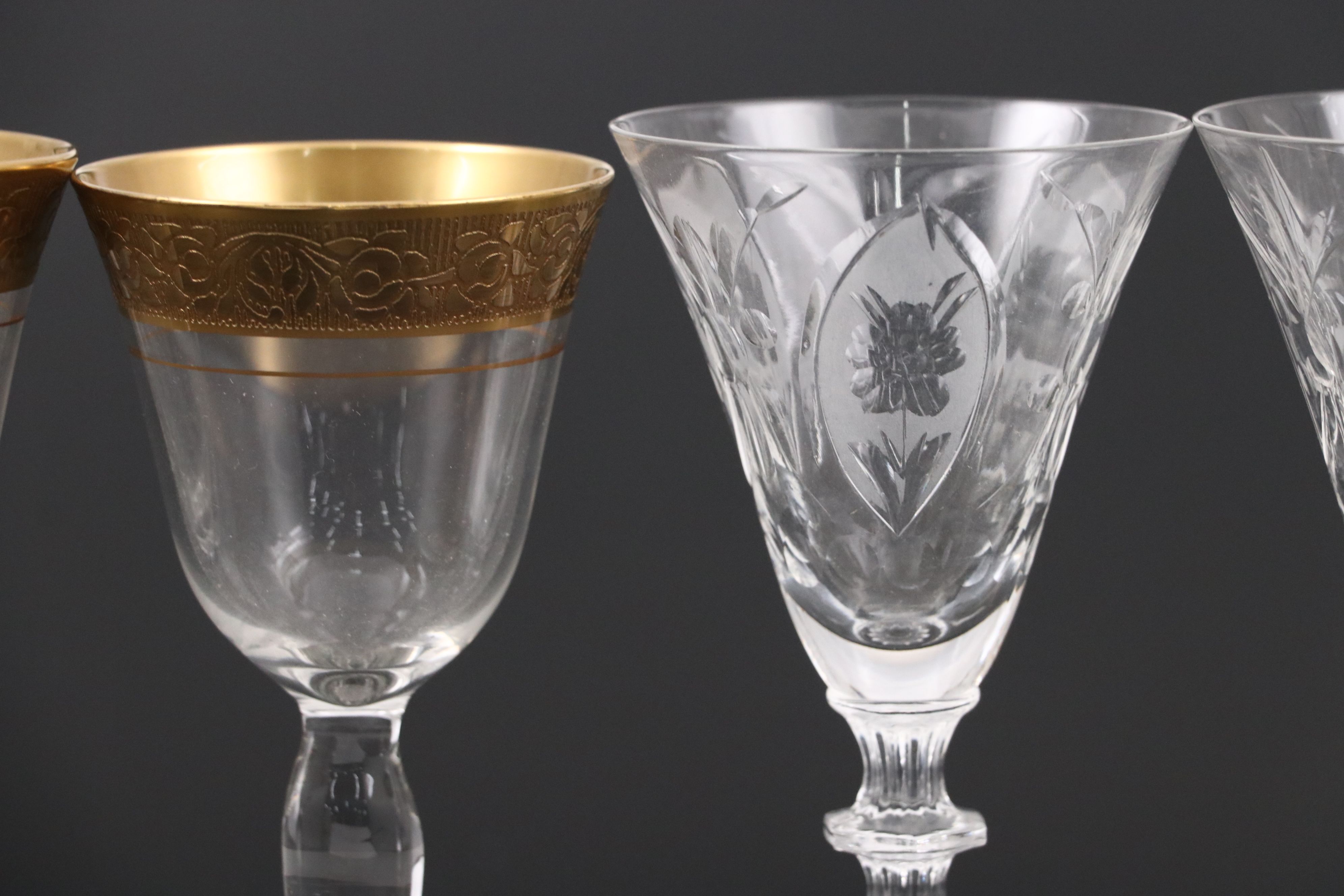 Glastonbury-Lotus "Rambler Rose" with Other Cut and Etched Glass Cordial Glasses