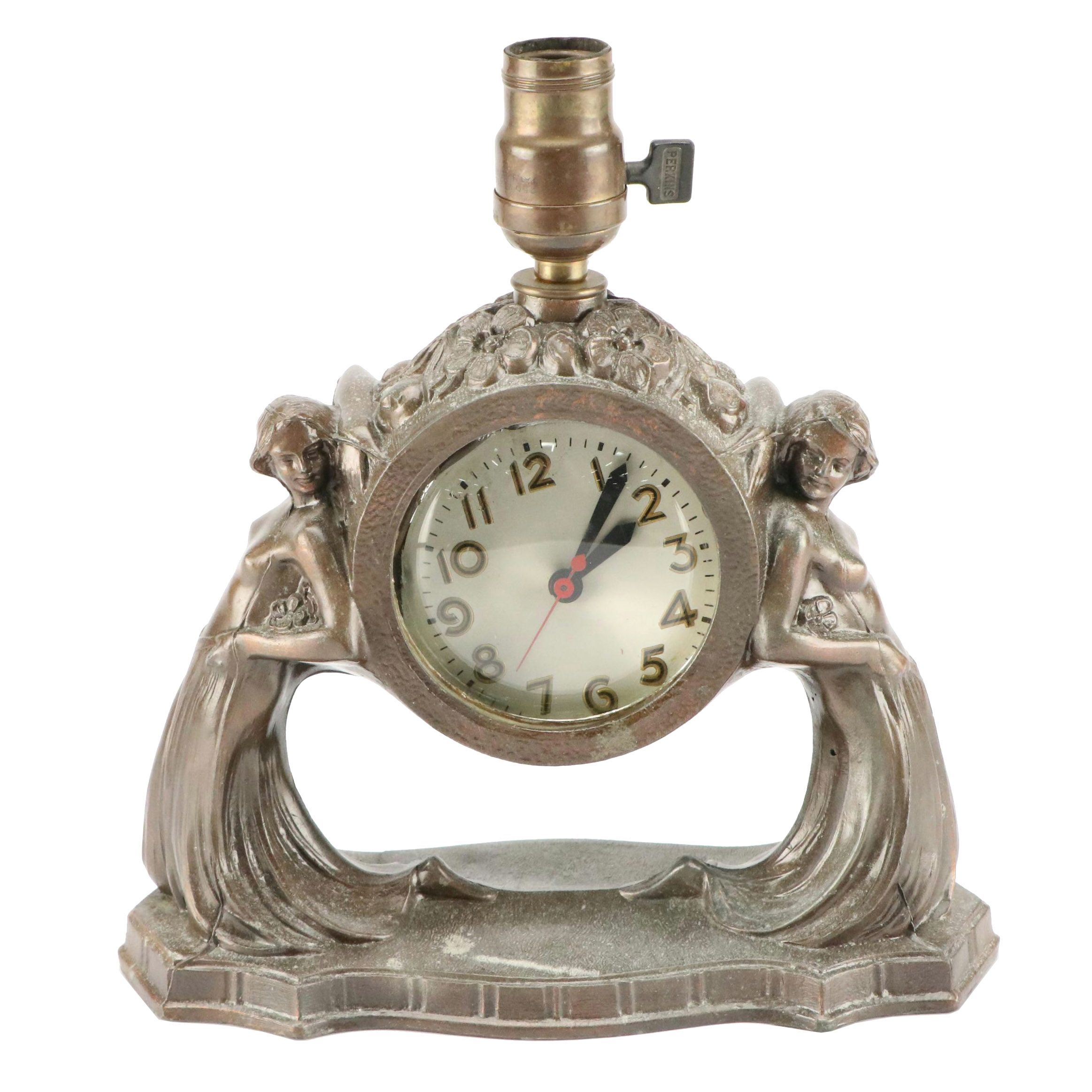 Sessions Art Nouveau Style Metal Table Lamp Clock, Mid-20th Century