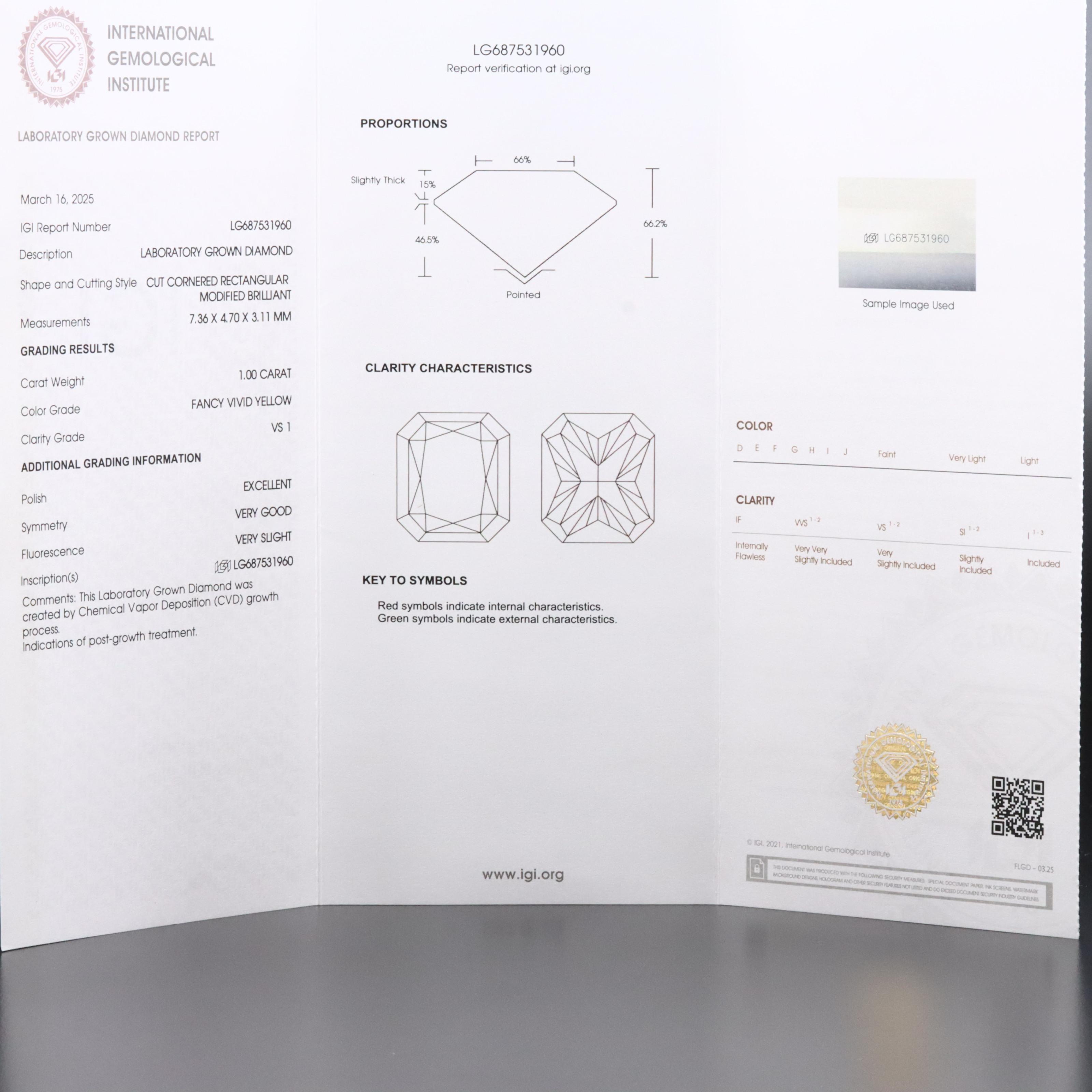 Loose 1.00 CT Lab Grown Fancy Yellow Diamond with IGI Report