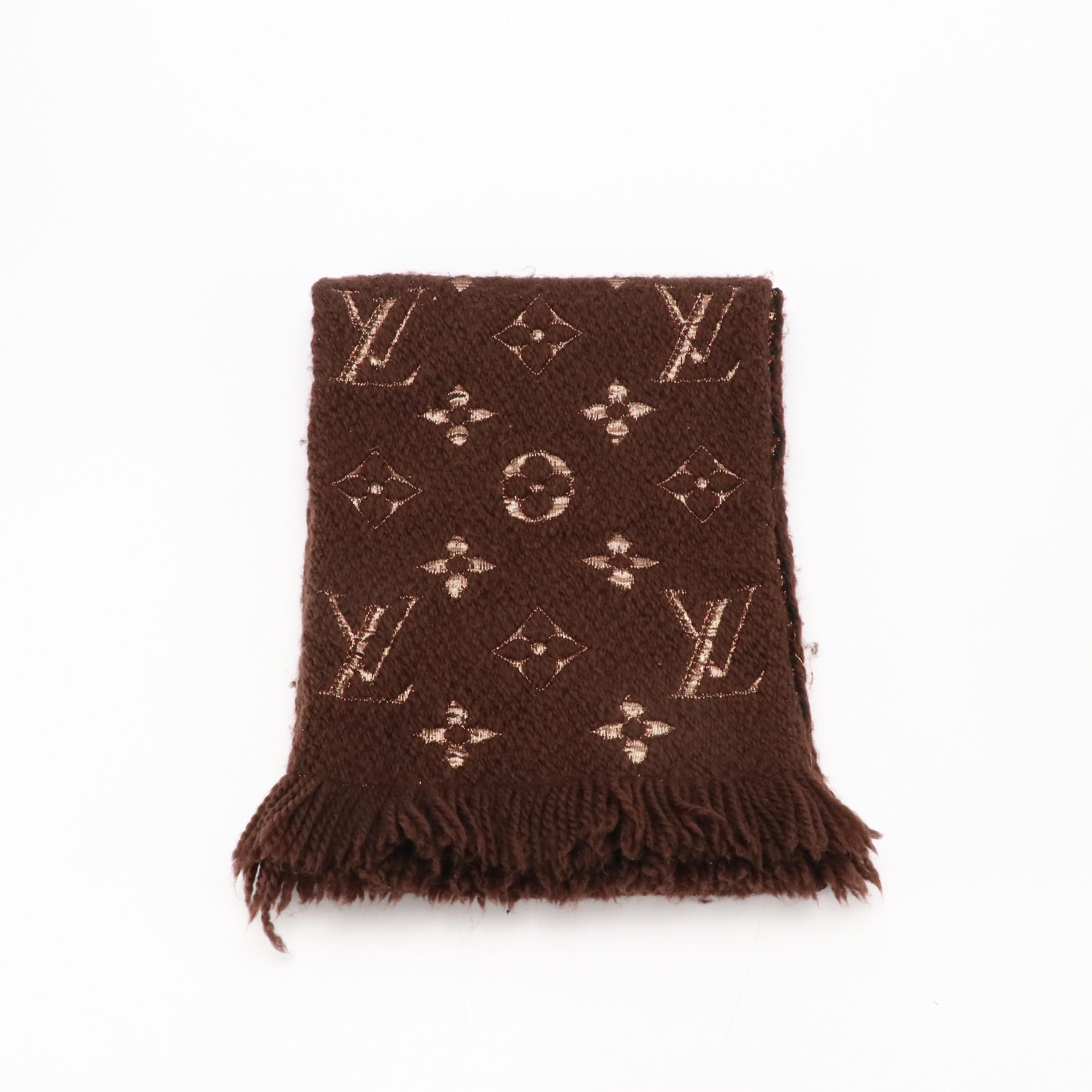 Louis Vuitton Monogram Logomania Shine Scarf in Brown/Metallic Gold Wool Blend