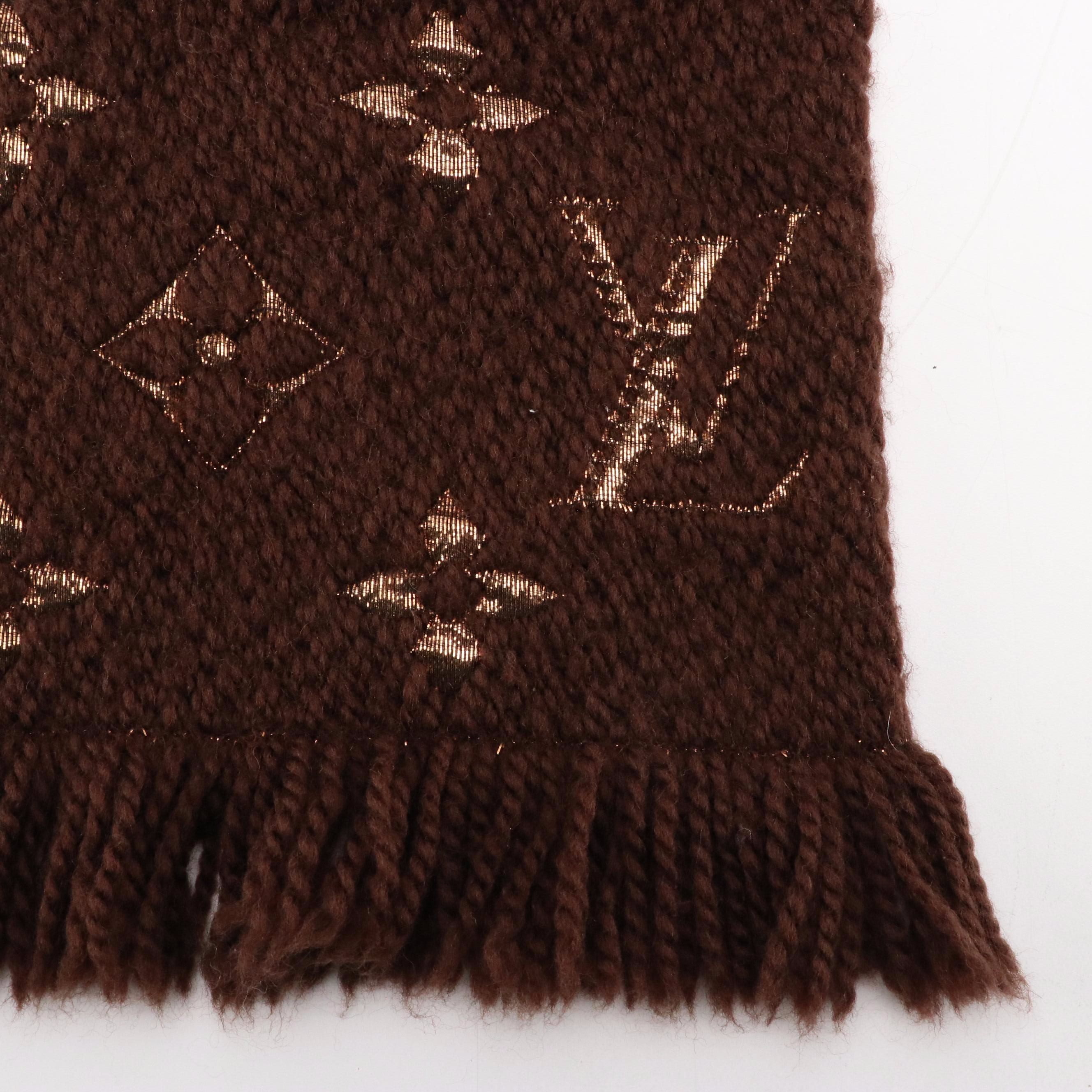 Louis Vuitton Monogram Logomania Shine Scarf in Brown/Metallic Gold Wool Blend