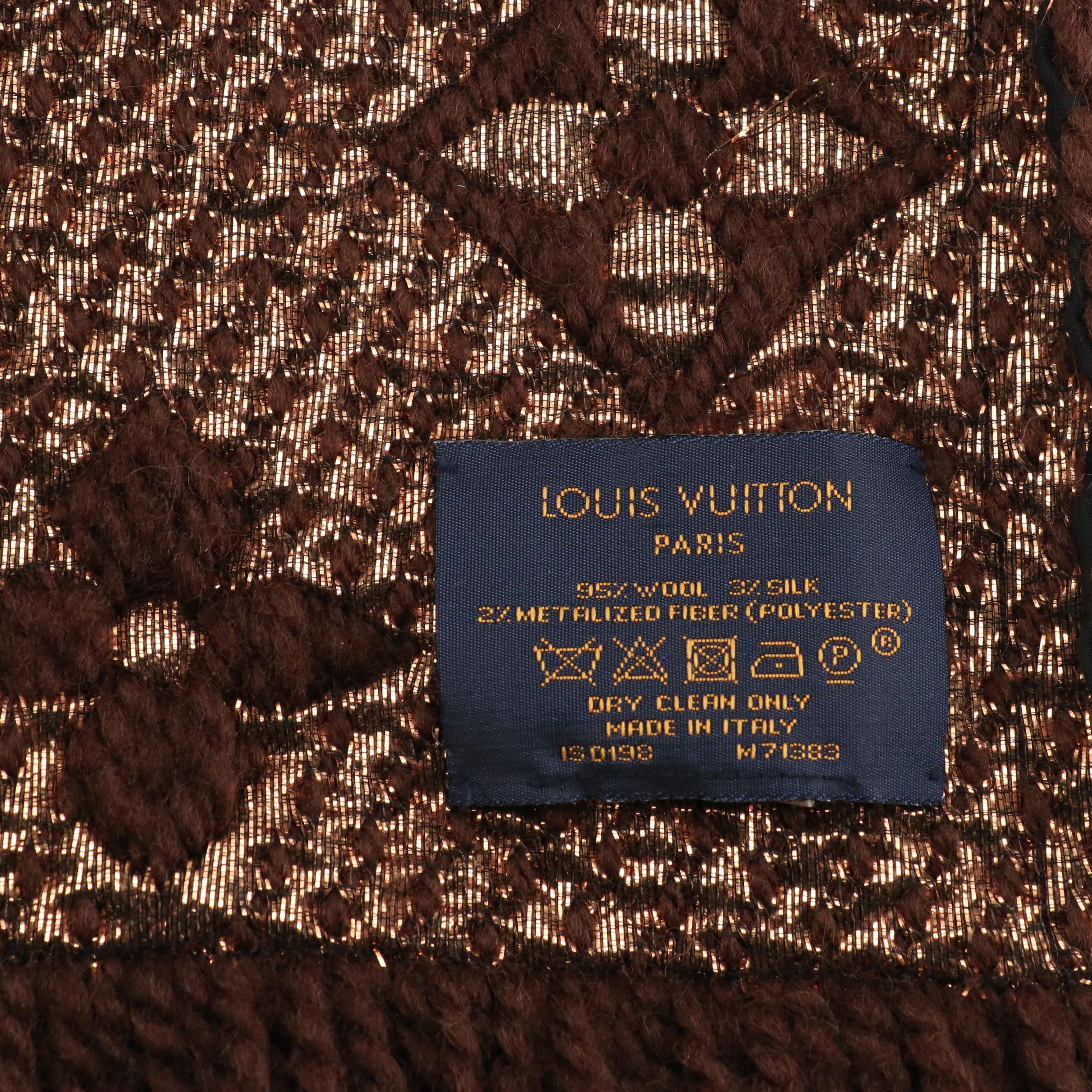 Louis Vuitton Monogram Logomania Shine Scarf in Brown/Metallic Gold Wool Blend