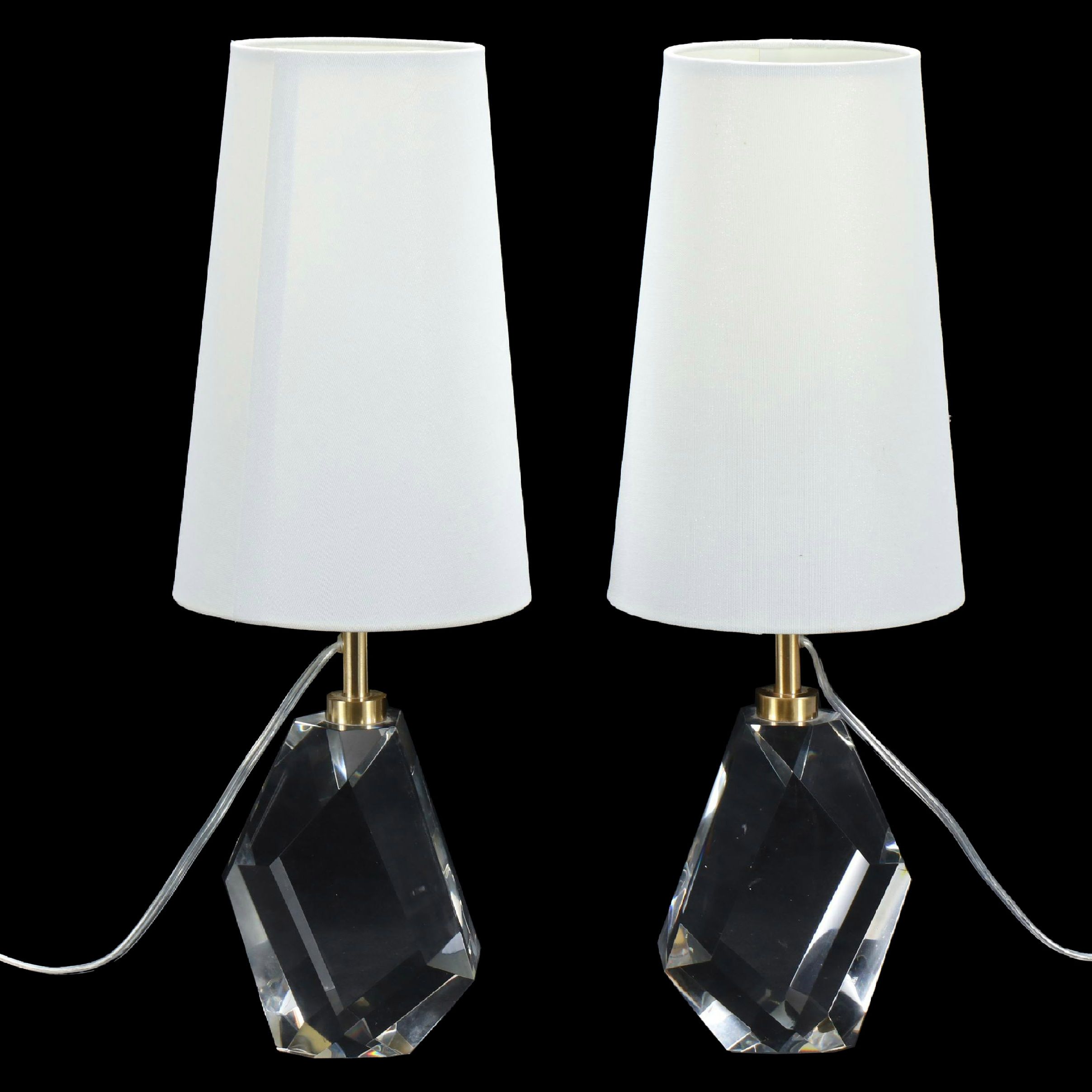 Visual Comfort & Co. Style Crystal Block Table Lamps with Cone Cotton Shades