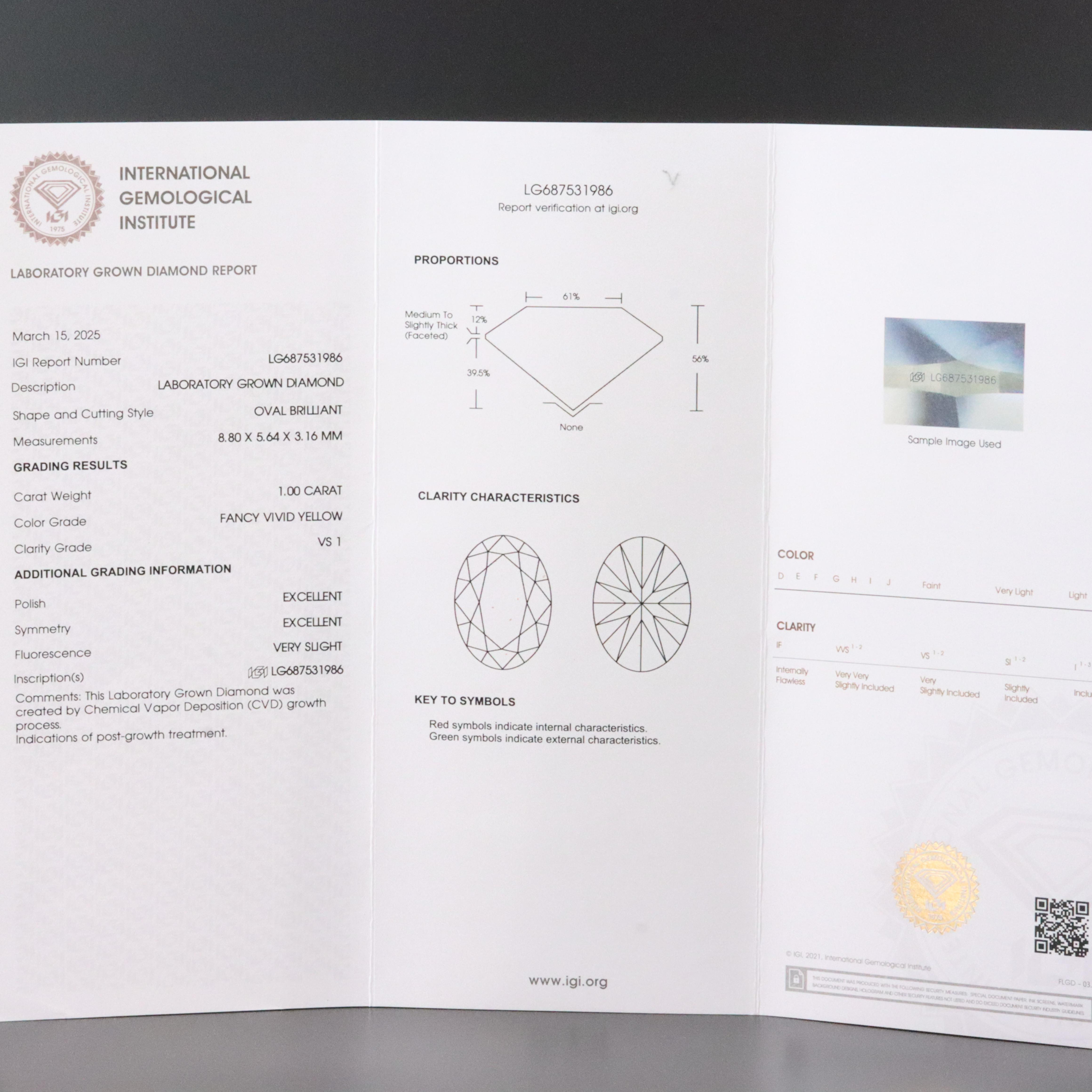 Loose 1.00 CT Lab Grown Fancy Yellow Diamond with IGI Report