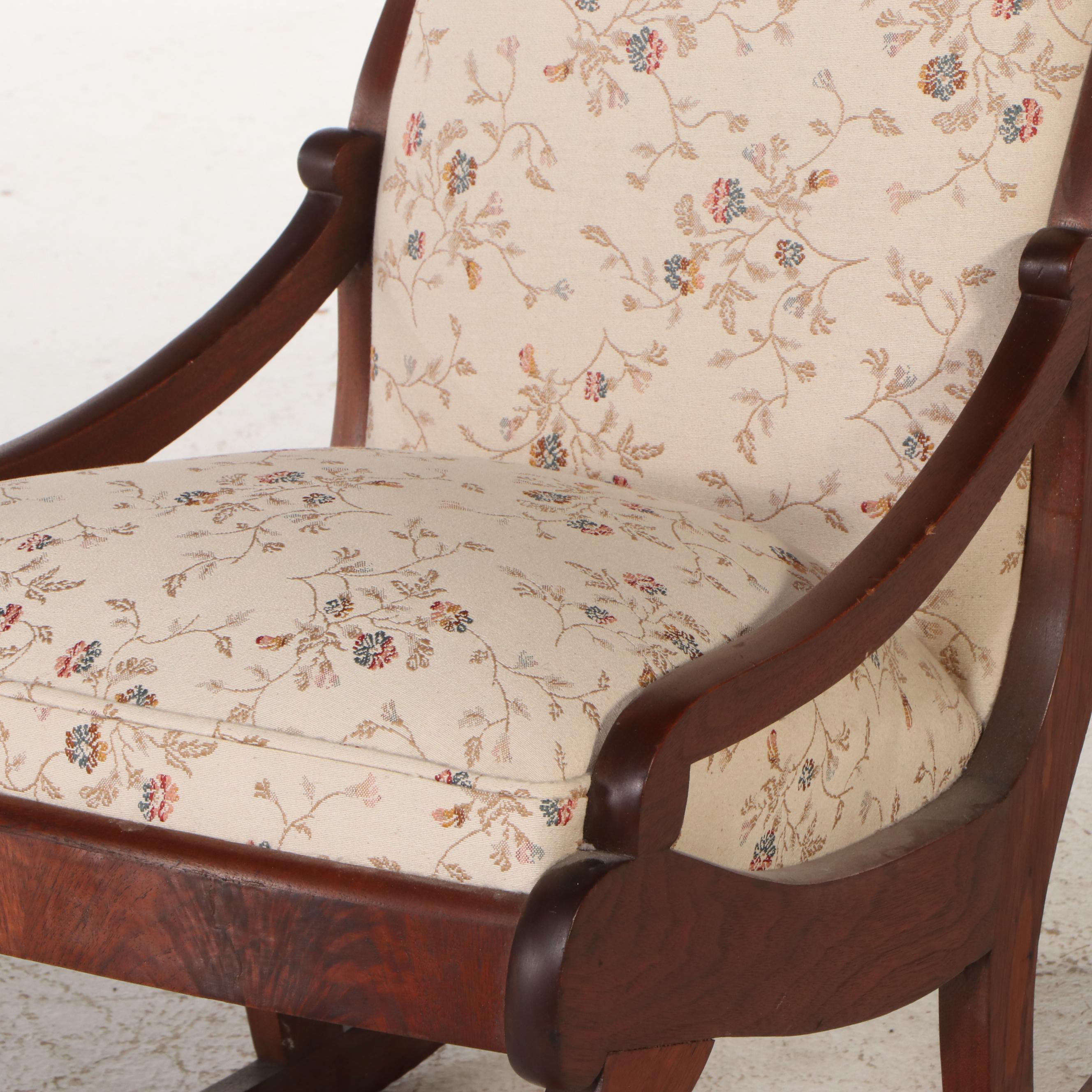 American Empire Style Upholstered Mahogany Rocking Chair, Late 19th C.