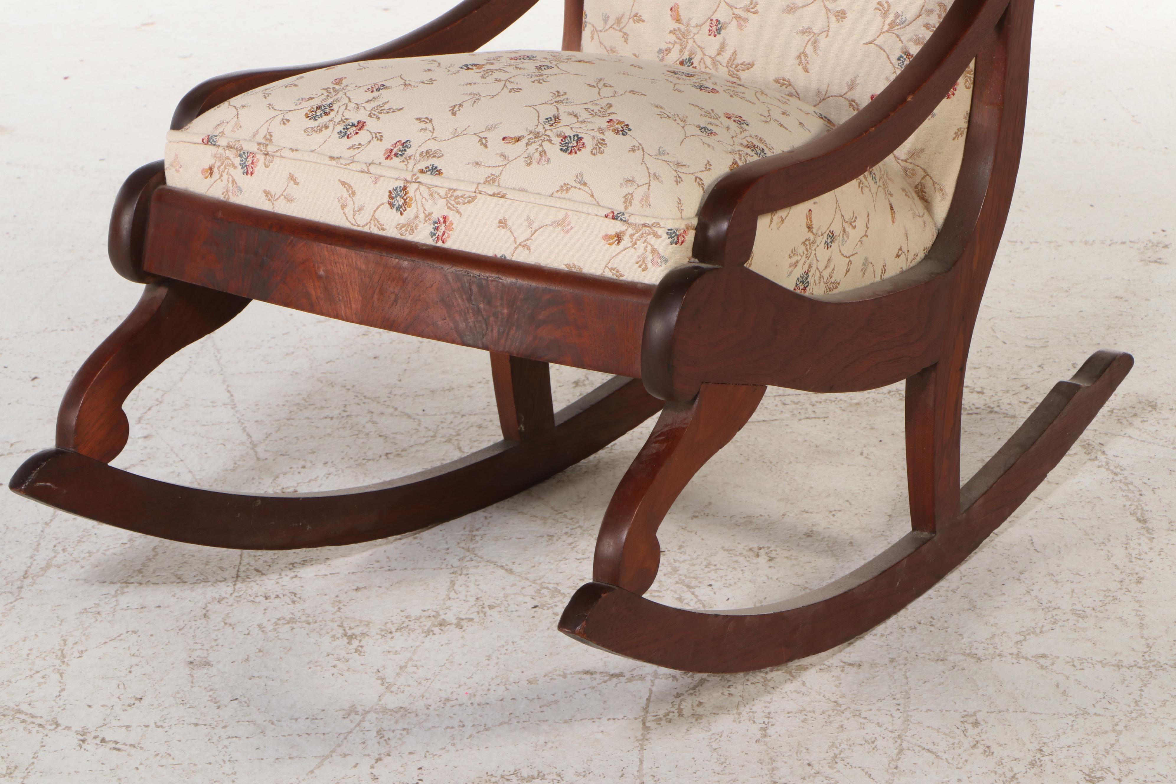 American Empire Style Upholstered Mahogany Rocking Chair, Late 19th C.